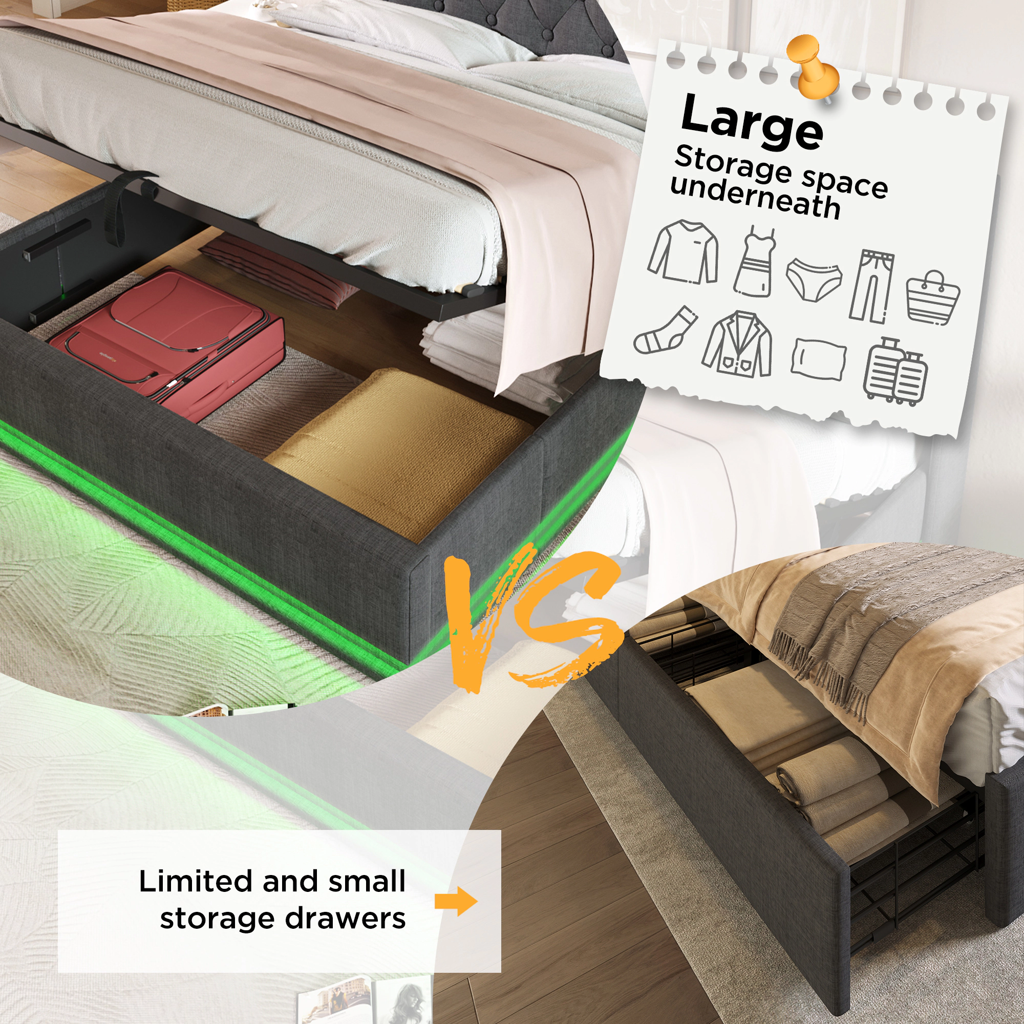Flynama King Upholstered Bed with 360° LED, Hydraulic Lift Storage, USB-C Charging, Gray Linen