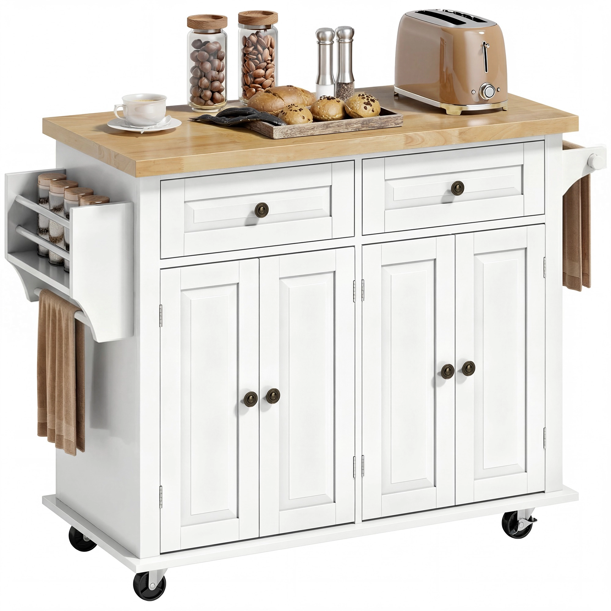 HONGGE 44" Mobile Kitchen Island Table Kitchen Island Cart on Wheels with Storage Cabinets 2 Drawers