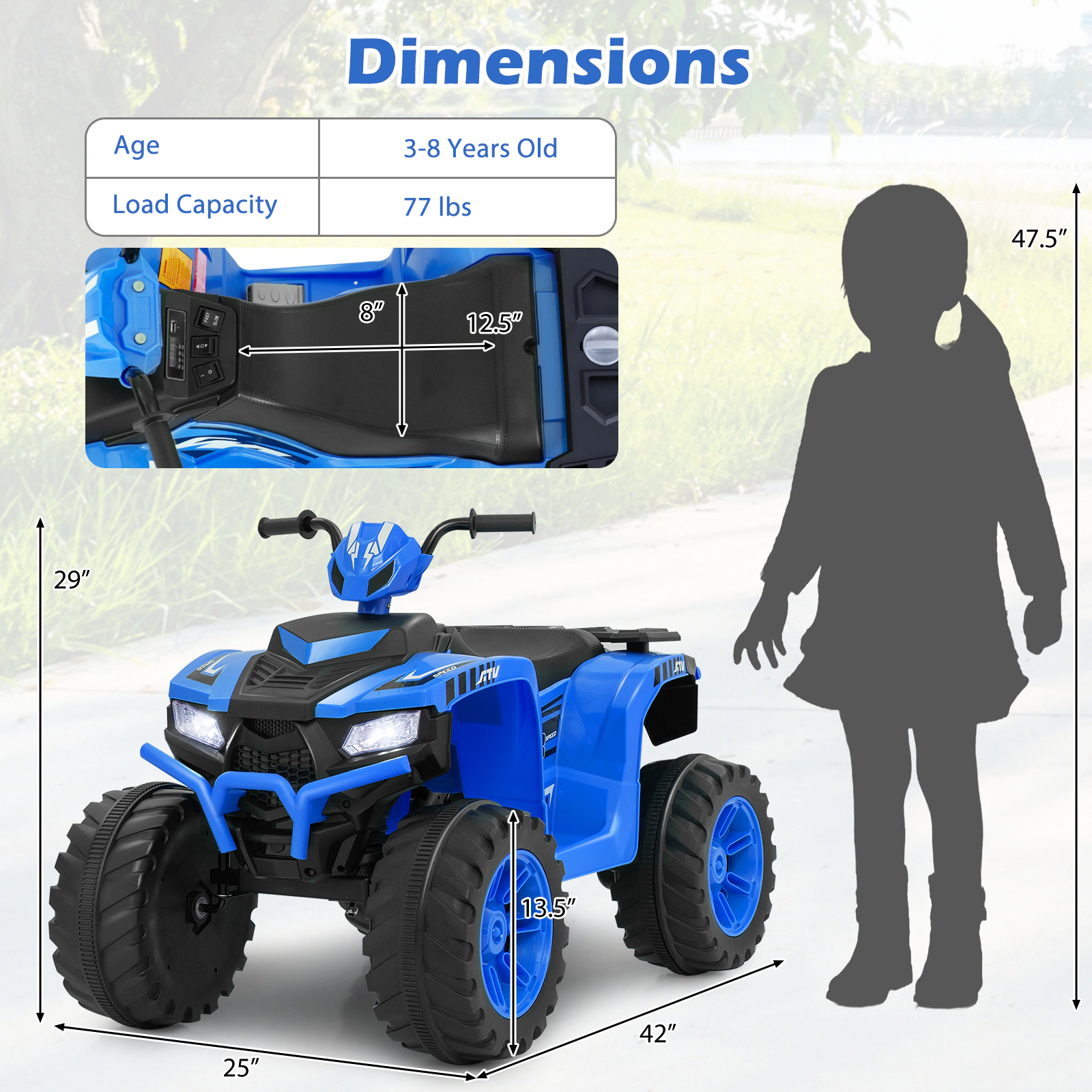 SUGIFT 24V 77-lb Capacity Kids Ride-On Electric ATV with 2-Speed Control LED Display and Treaded Tires