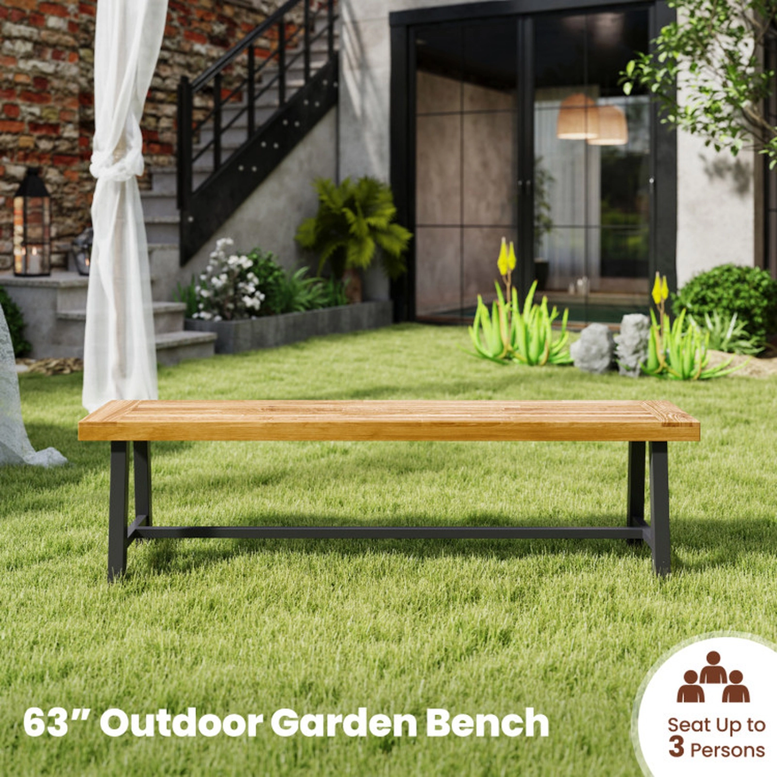 SUGIFT 63-Inch Natural Acacia Wood Outdoor Bench, 3-Seat Backless Design, 800-Lb Capacity