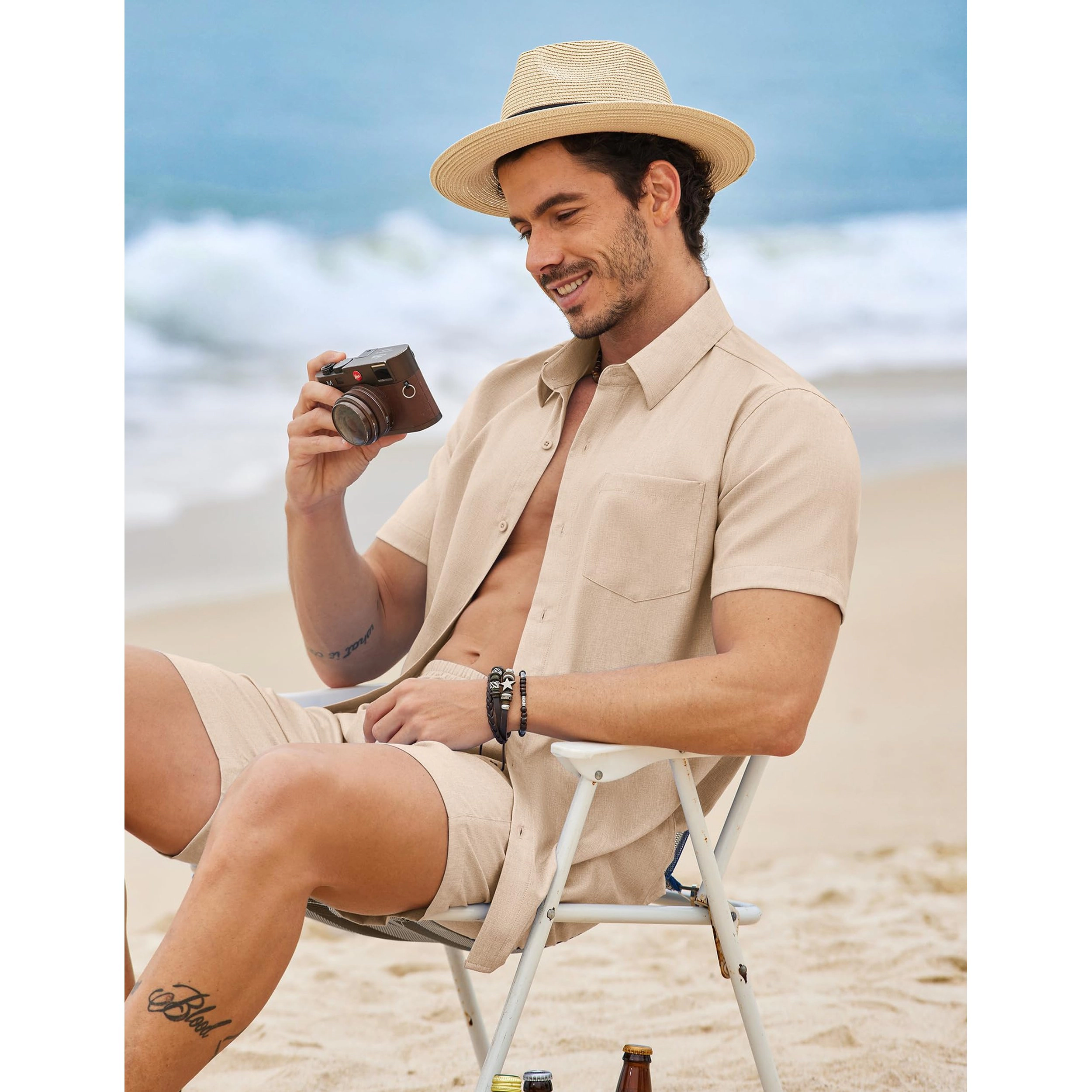 COOFANDY Men's Regular Fit Short Sleeve Button Down Shirt and Shorts Two Piece Set