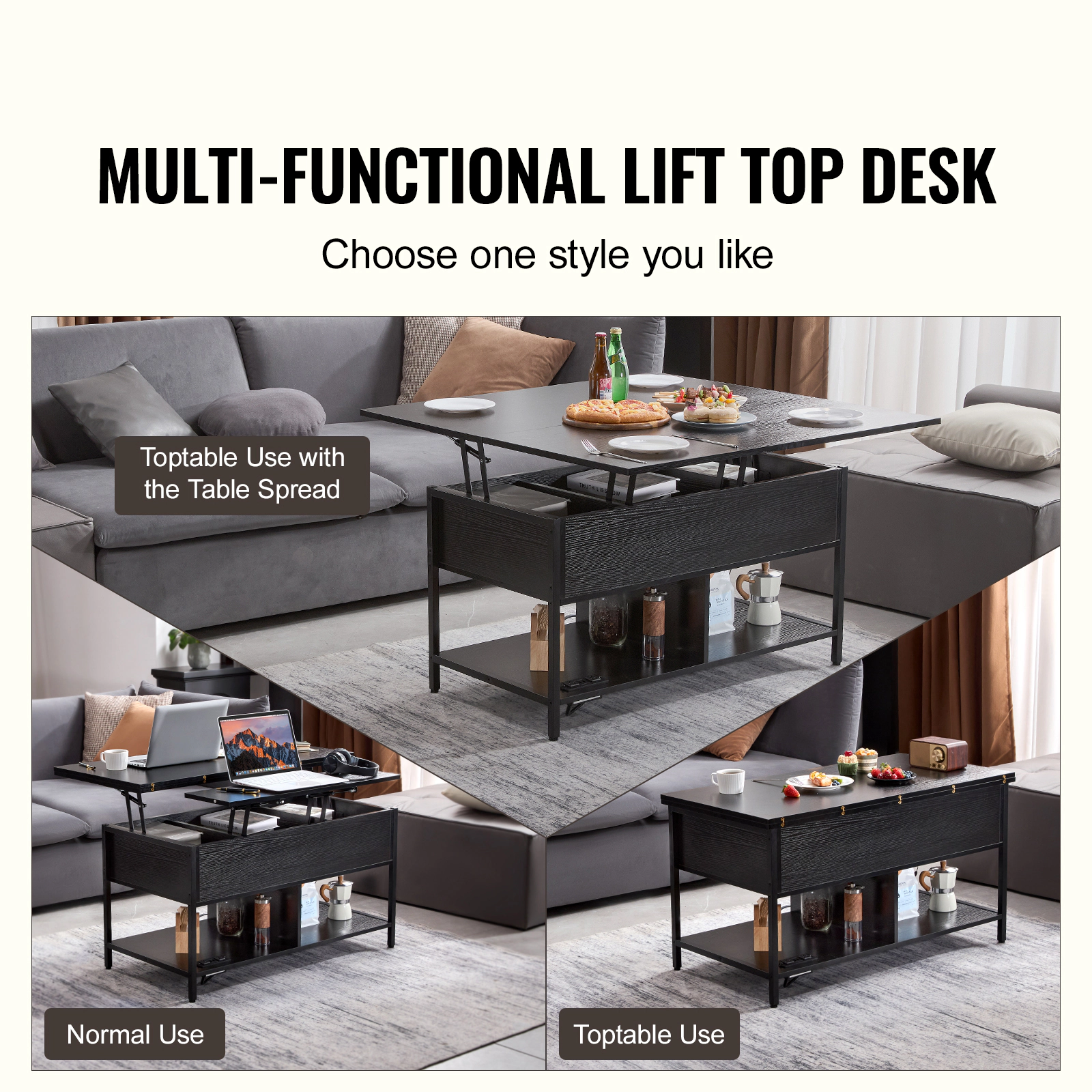 HONGGE Lift Top Coffee Table 39.4 in Rectangle Coffee Table with Extra Storage Pockets Flipable Coffee Table with Power