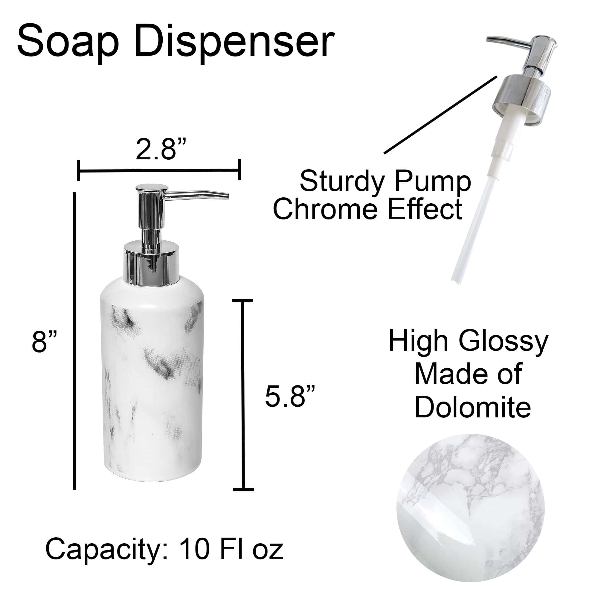Evideco French Home Goods Marble-Effect Dolomite Soap Dispenser 10 fl oz, Polished White Gray