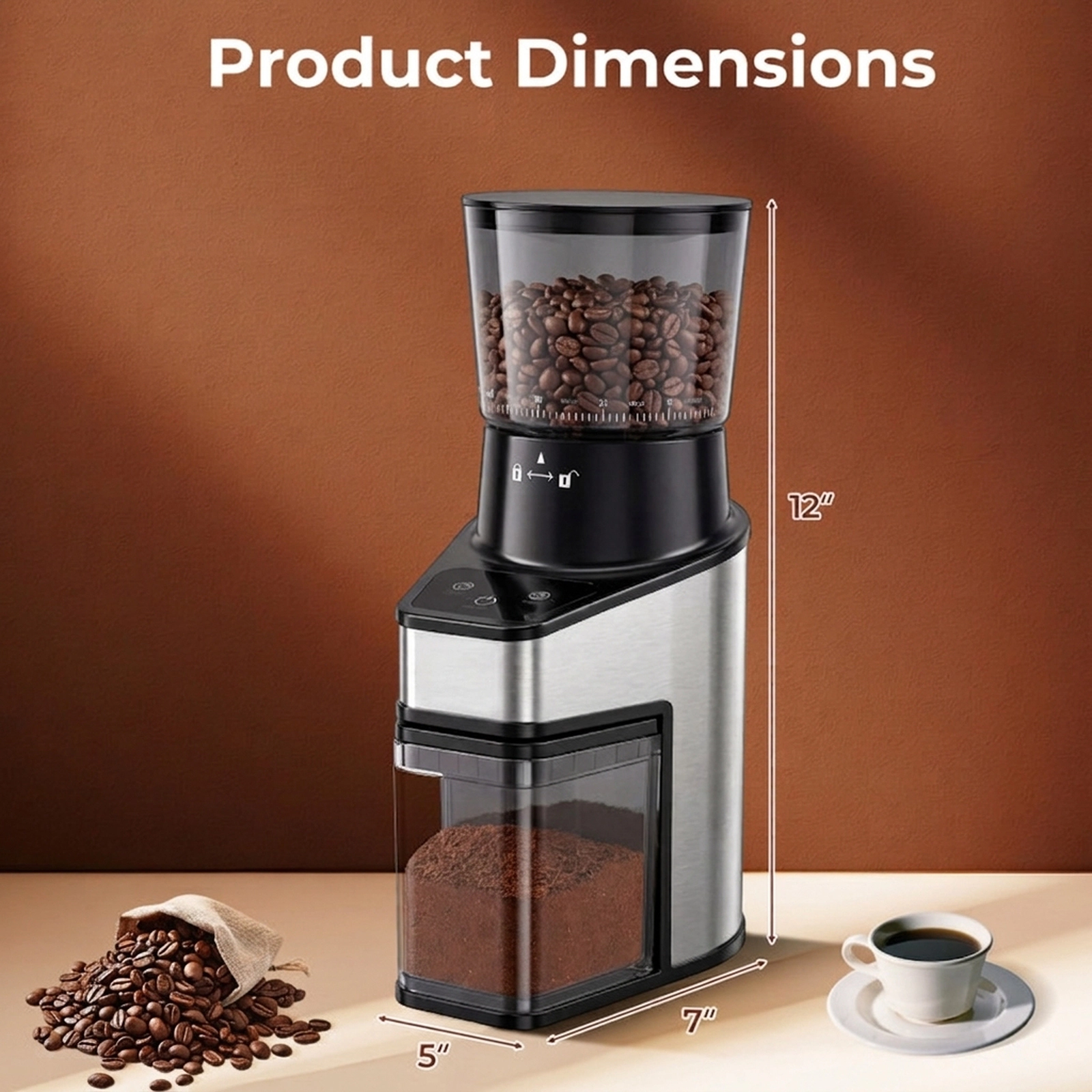 SUGIFT Conical Burr Electric Coffee Grinder 60 Grind Settings 8.8-oz Bean Hopper 1-8 Cups Digital Display Silver + Black