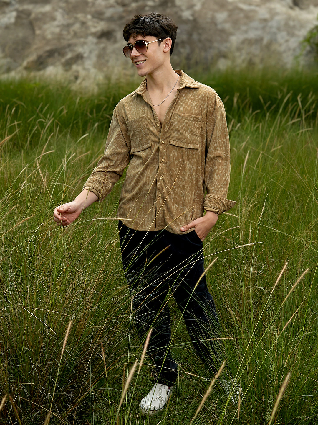 Campus Sutra Men's Faded Corduroy Oversized Shirt