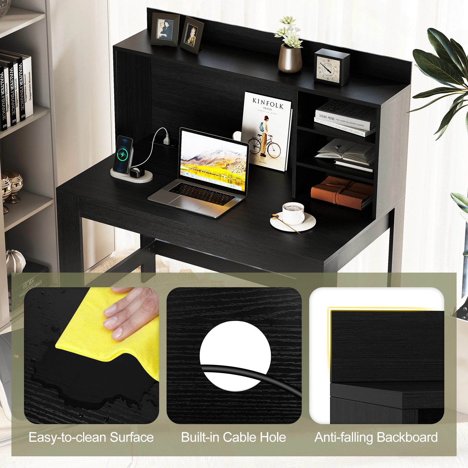 SUGIFT Black Hutch Storage Shelves and Charging Station 42.5 Inch Computer Desk