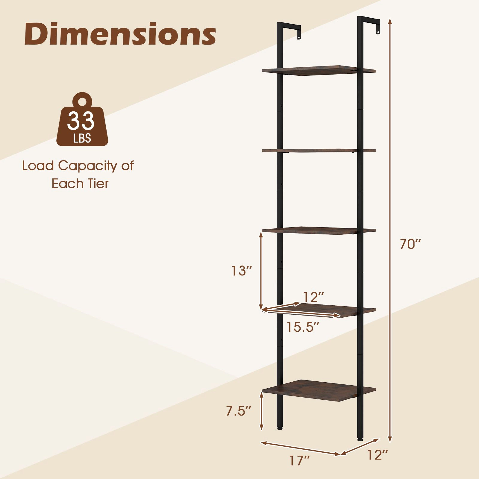 SlickBlue Wall Mounted Ladder Bookshelf with 5 Tier Storage and Metal Frame