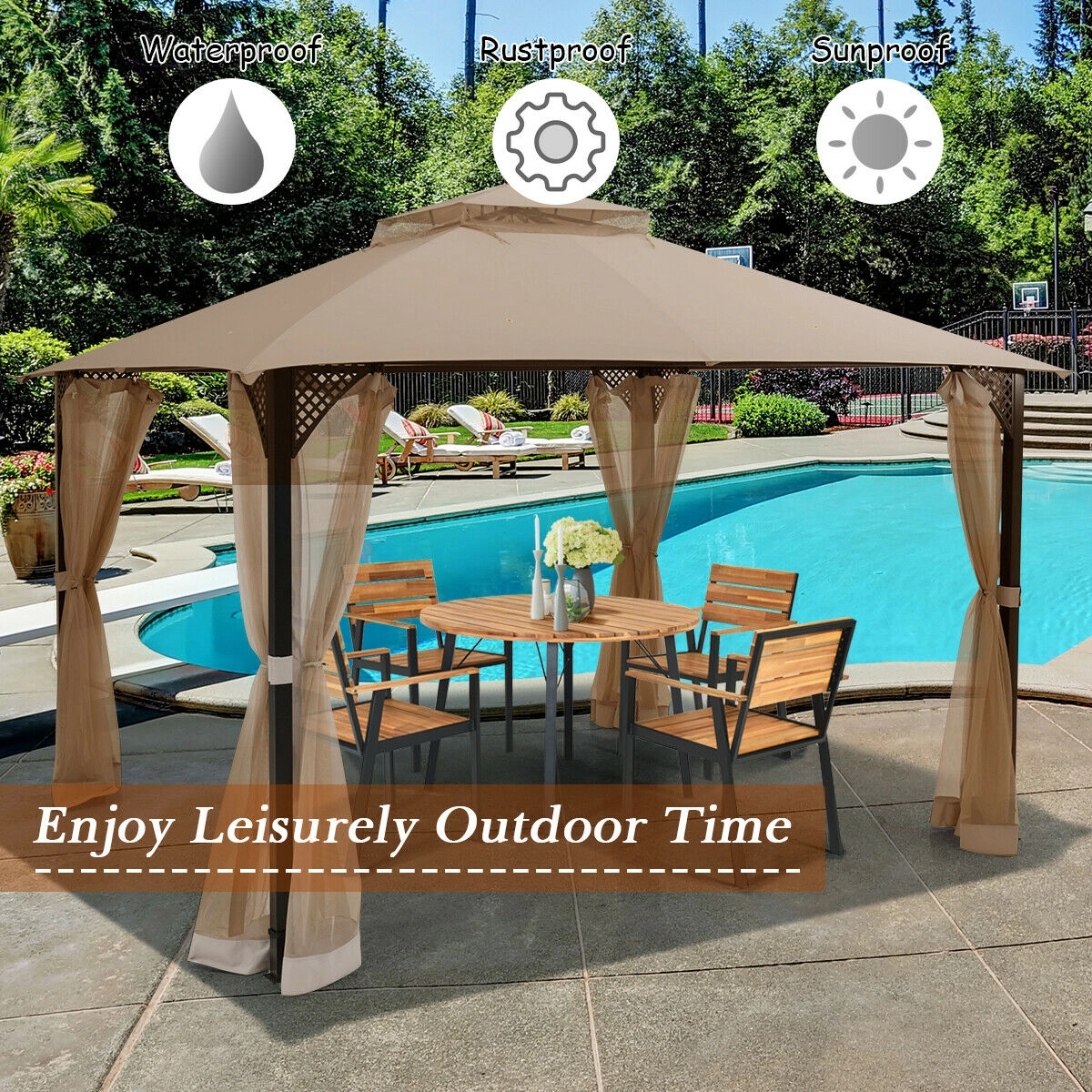 SUGIFT 12-ft x 10-ft Brown Outdoor Patio Gazebo with Mosquito Netting Double Roof and Steel Frame
