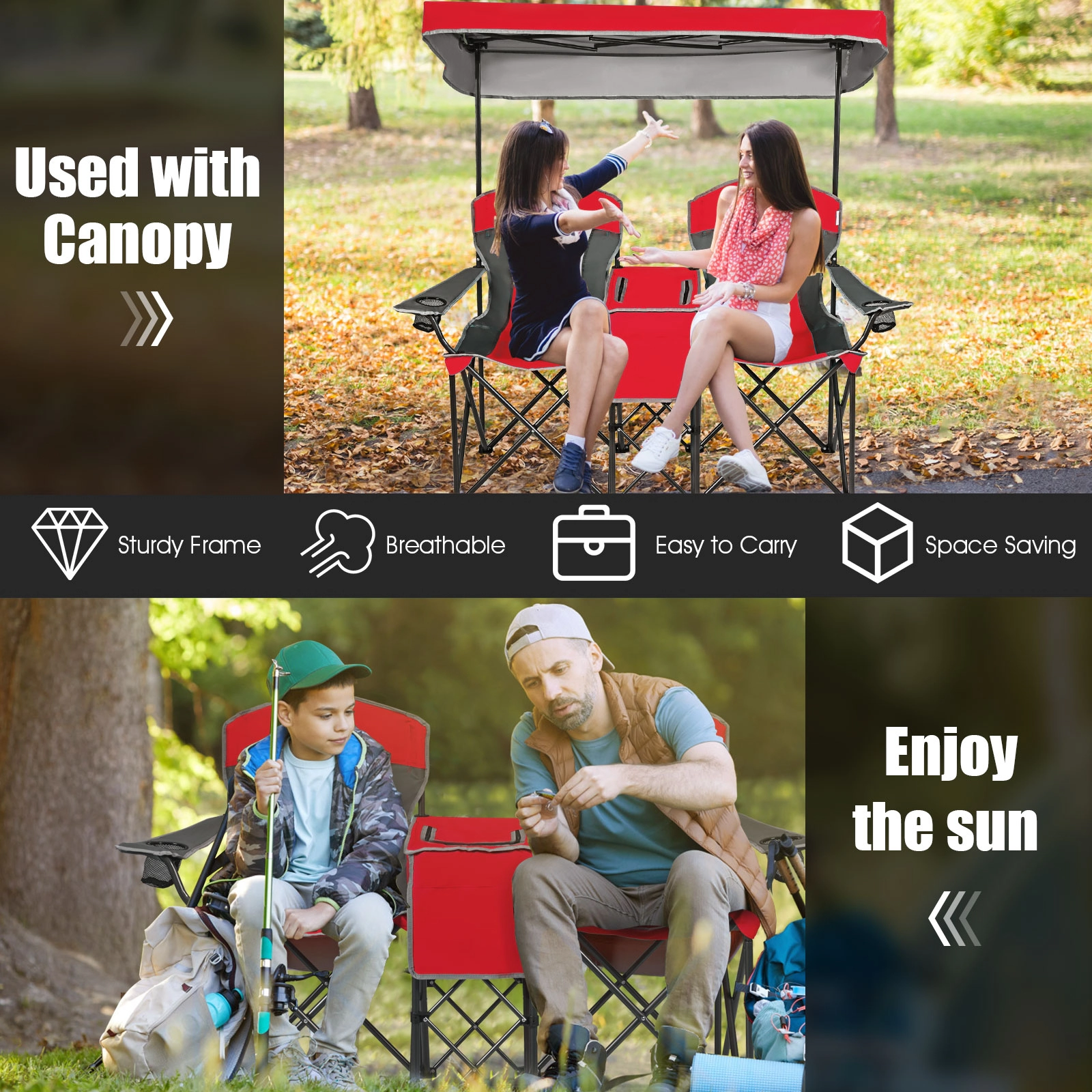 SUGIFT Portable Folding Camping Canopy Chairs with Cooler Bag and Cup Holder 265-lb Capacity Red Turquoise Blue