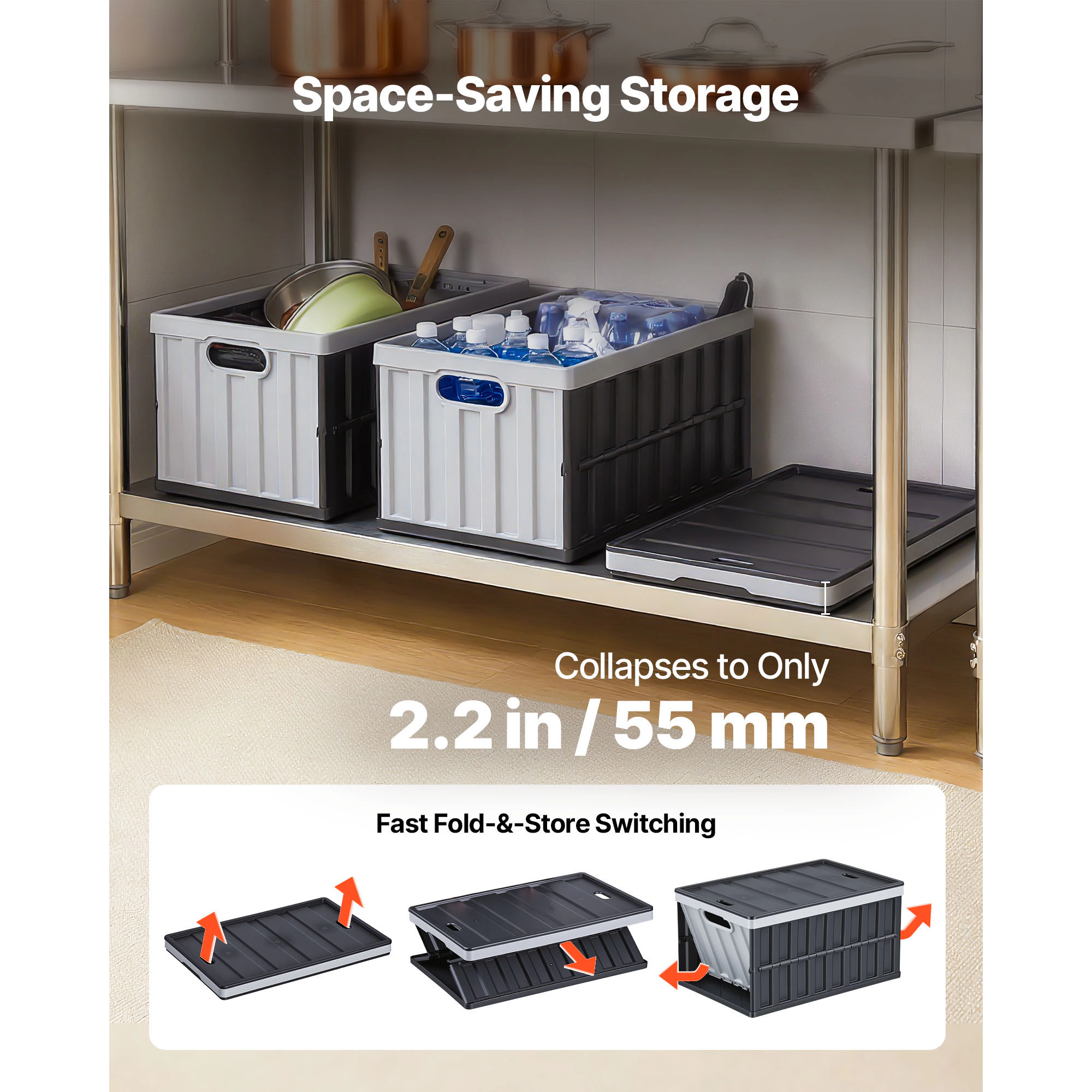 HONGGE Plastic Collapsible Storage Bins with Lids 65L Stackable Folding Storage Crates with Handles Holds 84 lbs Per