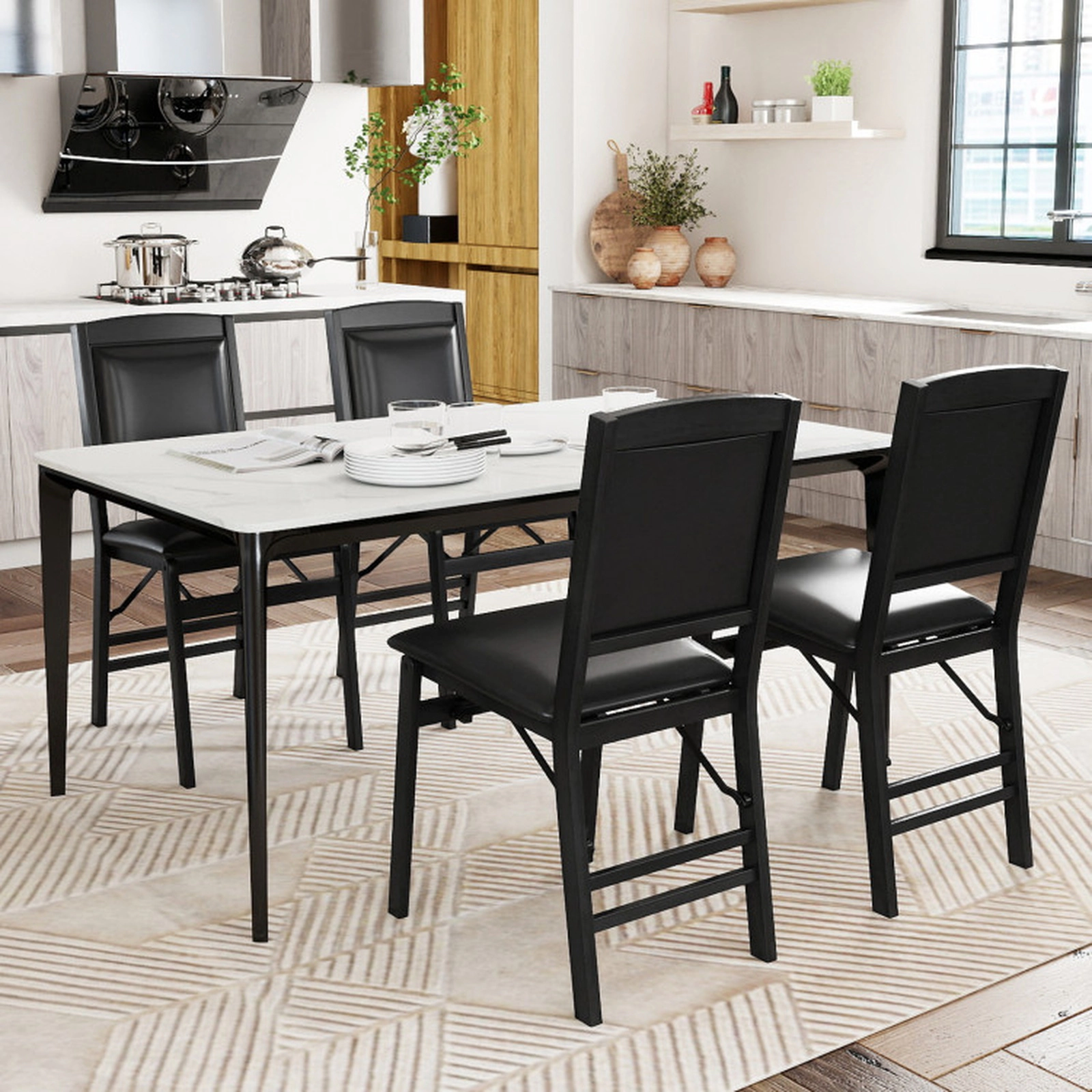 SUGIFT Set of 4 Black PU Leather Padded Folding Dining Chairs, 400-Lb Capacity, High Backrest