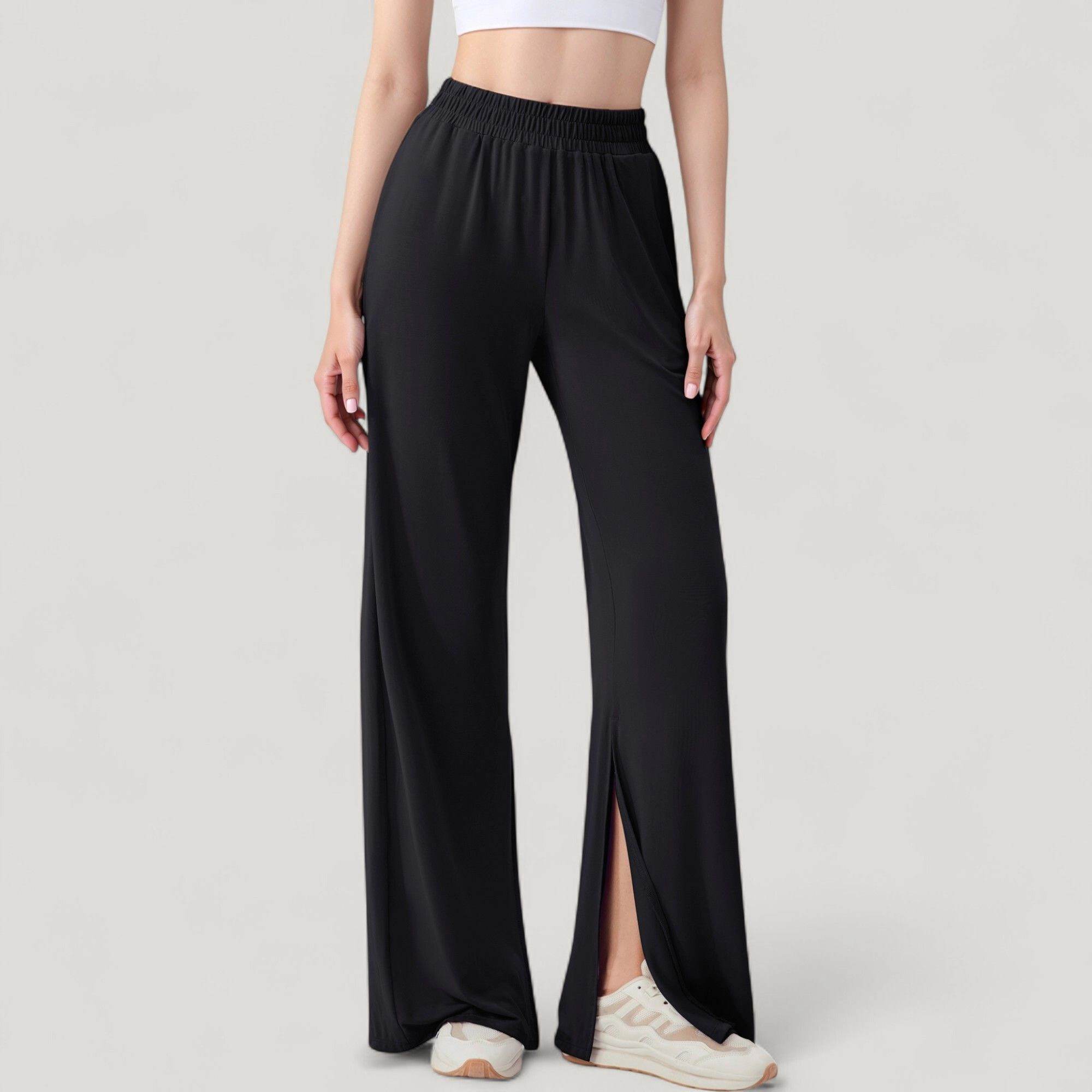 Anna-Kaci Women's Wide-Leg Lounge Pants with Elastic Waistband and Side Slit Hem Detail