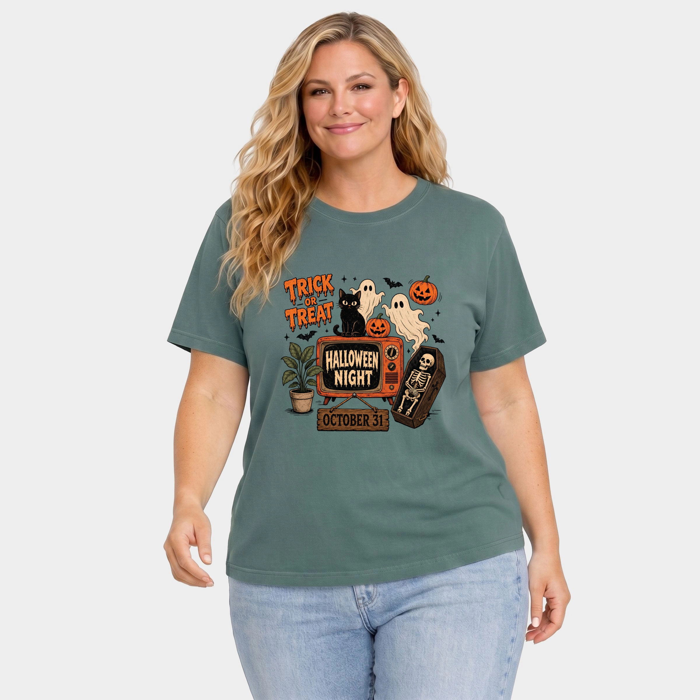 Simply Sage Market - Women's Plus Sized Garment Dyed Graphic T-Shirt Trick Or Treat TV
