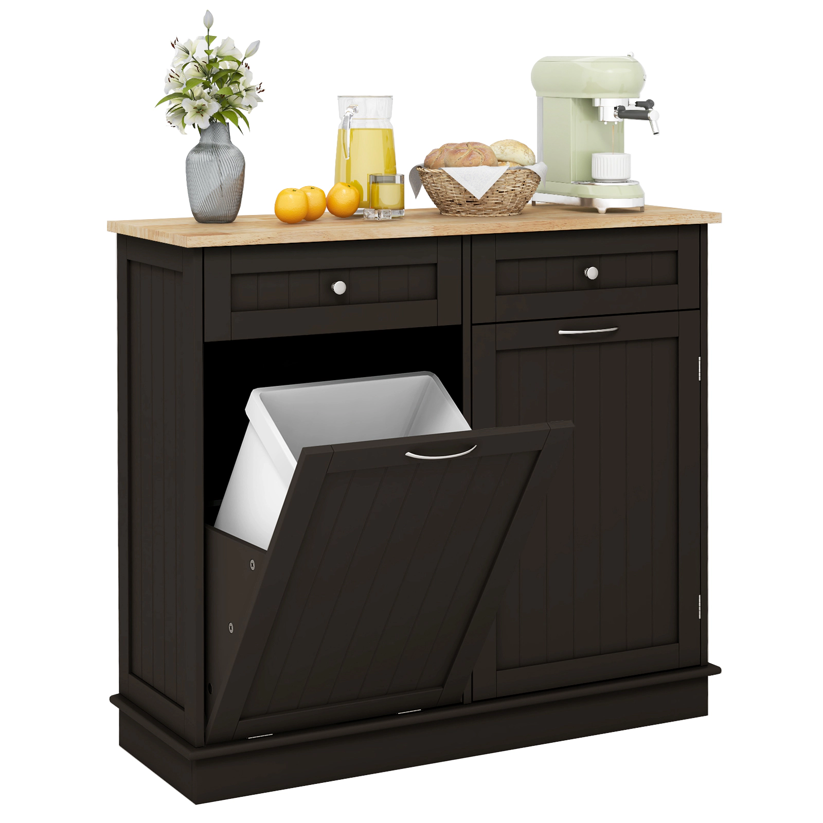SUGIFT Tilt Out Trash Cabinet Sideboard with 2 Drawers and Adjustable Shelf 220-lb Top Capacity 39.5-in Wide Brown
