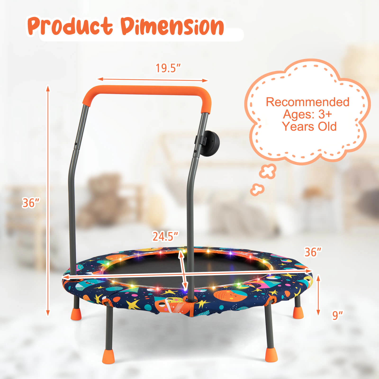 36-in Toddler Trampoline Bluetooth Speaker LED Lights Foam Handle Quiet Bungee Bounce Multicolor Ages 3+