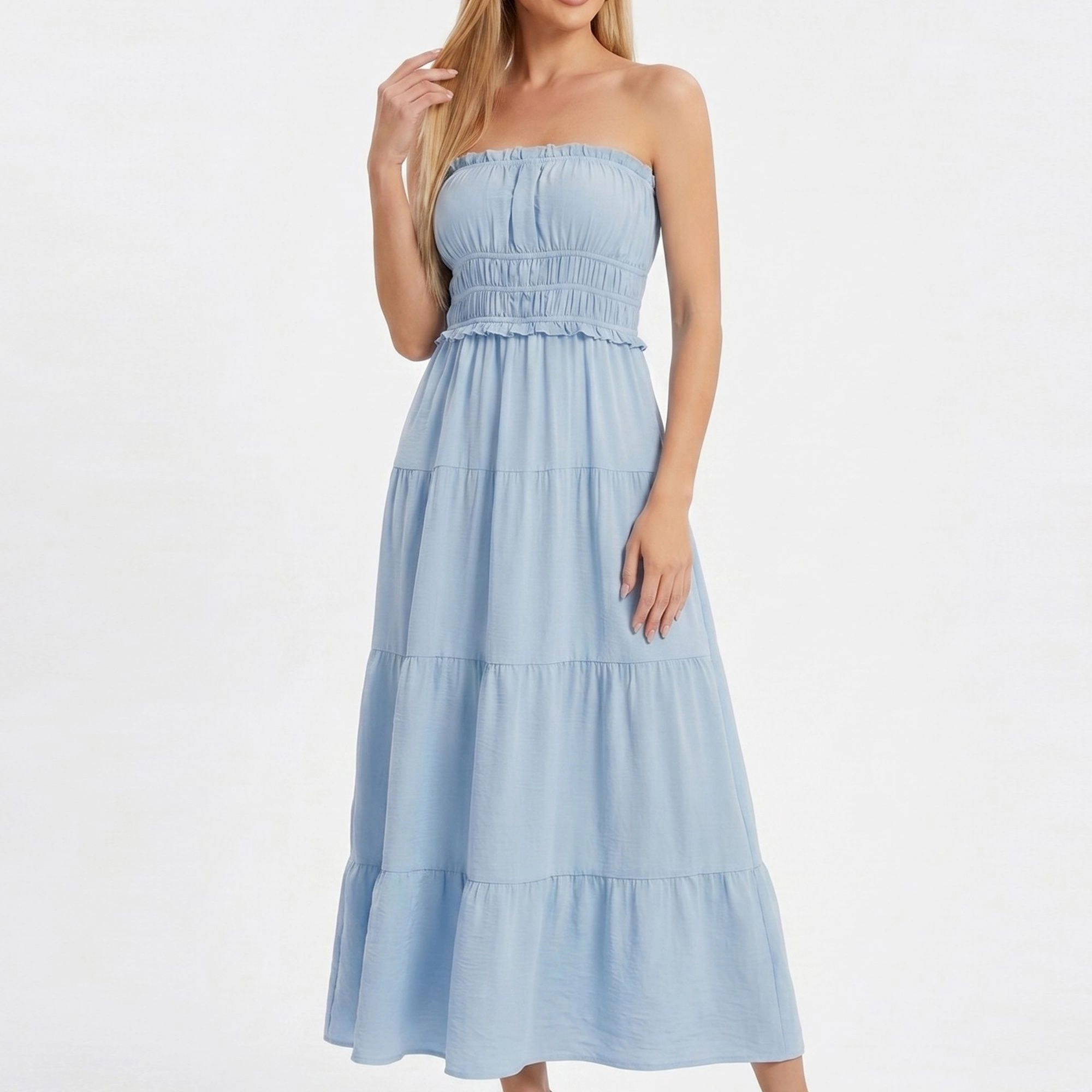 Anna-Kaci Women’s Strapless Smocked Maxi Dress with Tiered Skirt and Ruffle Trim