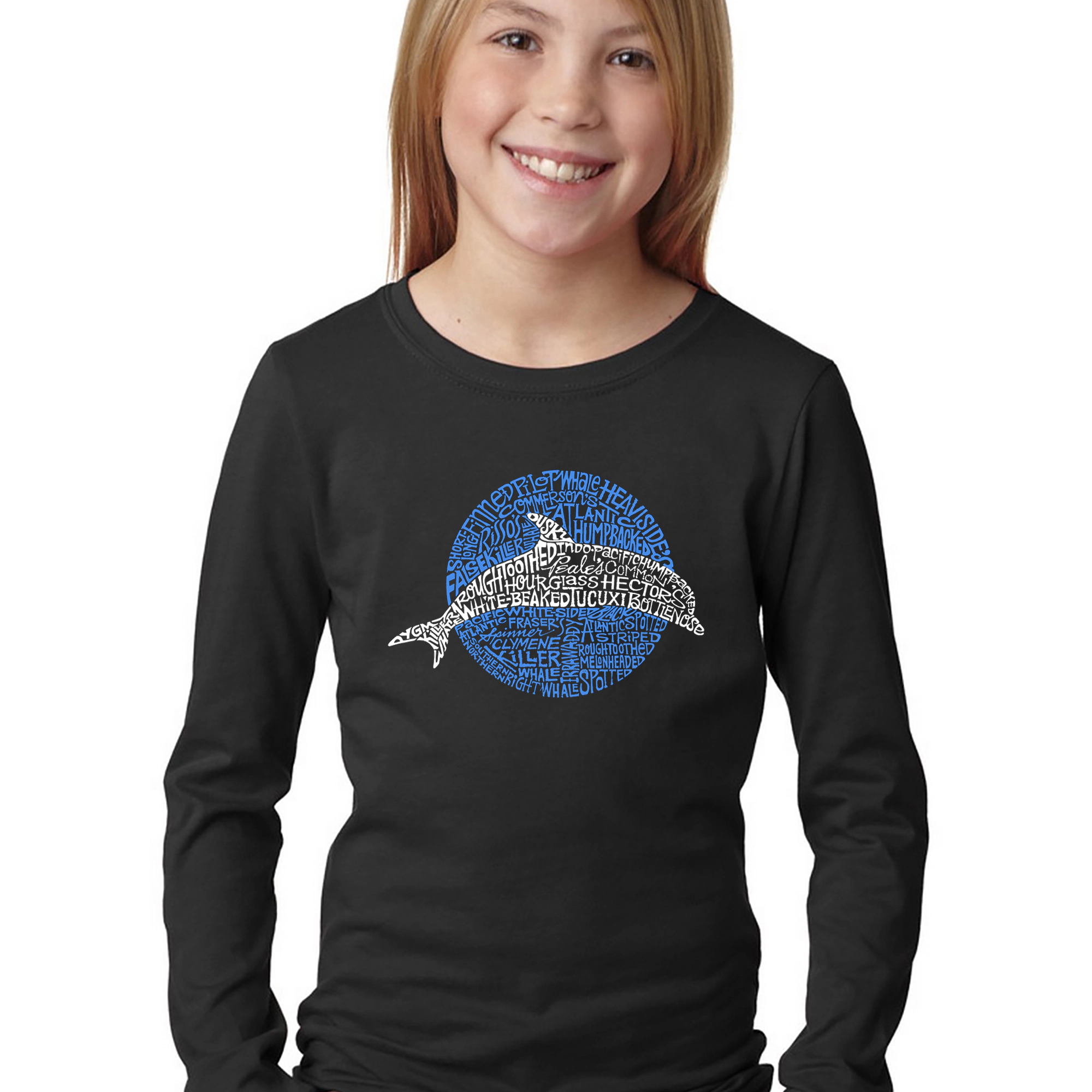 LA Pop Art Girls Long Sleeve Word T-Shirt - Species of Dolphin