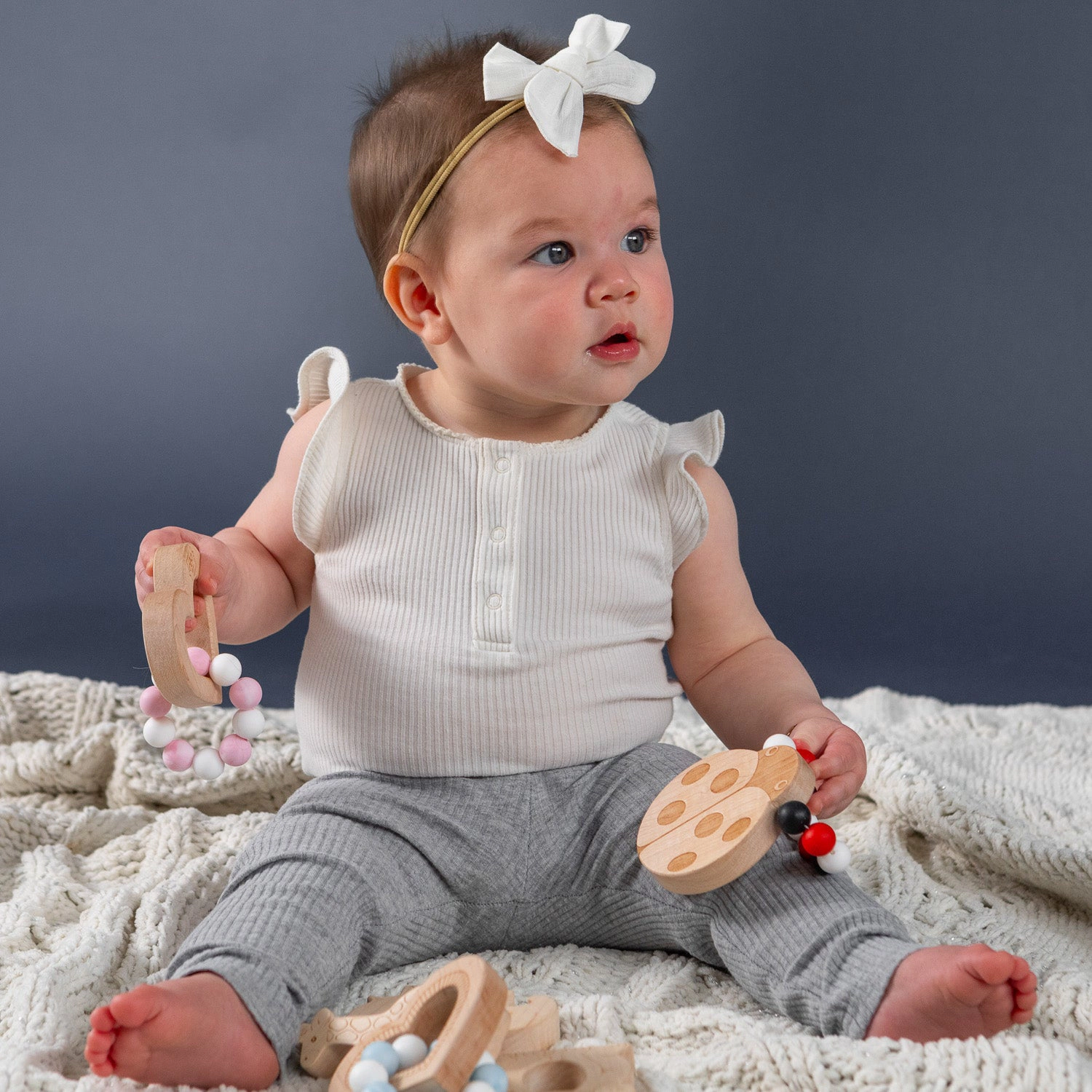 Ladybug Silicone Bead Teether with Organic Cotton Bag - Made in USA