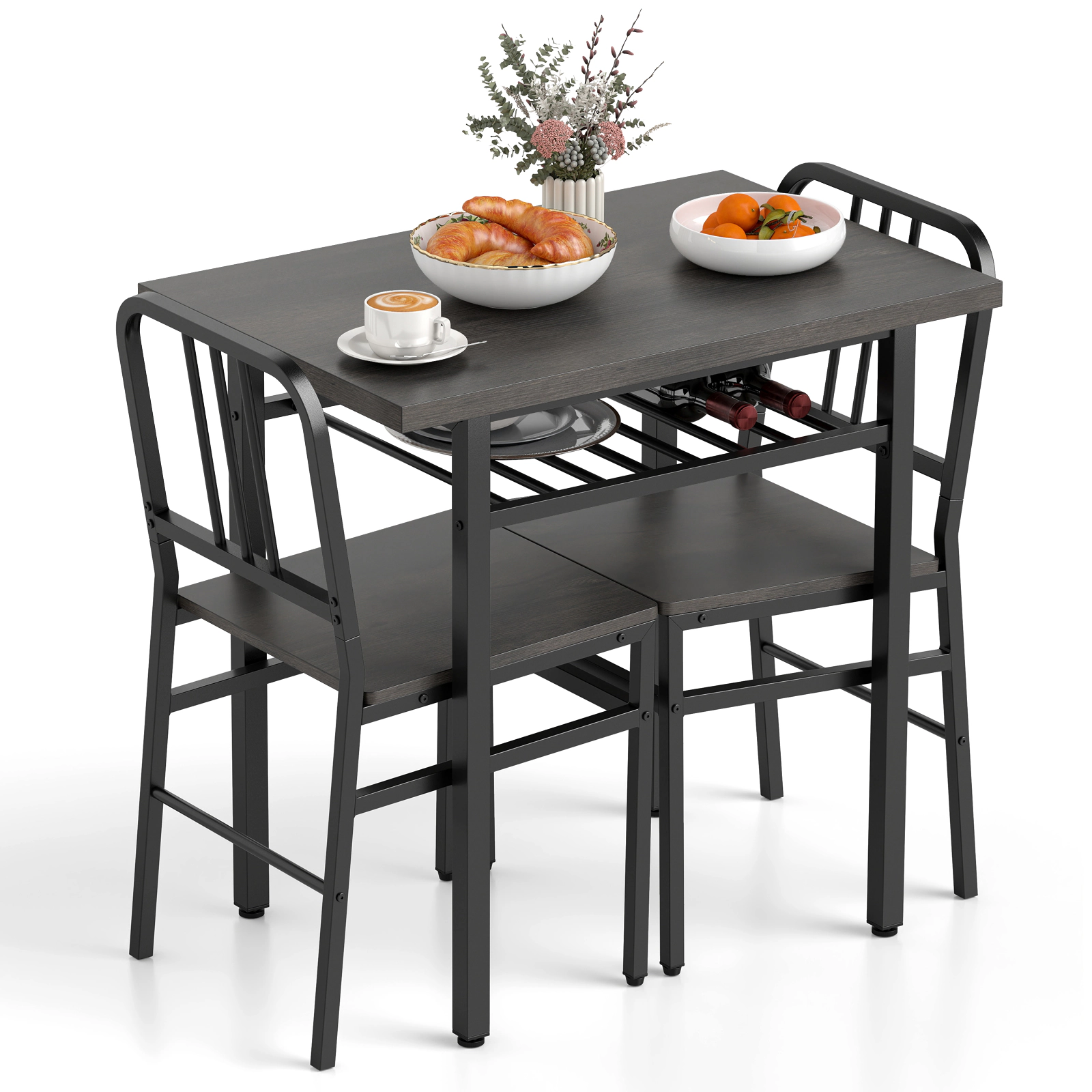 SUGIFT 3-Piece Engineered Wood and Metal Dining Table Set with Storage Shelf 200-lb Table 330-lb Chairs Gray
