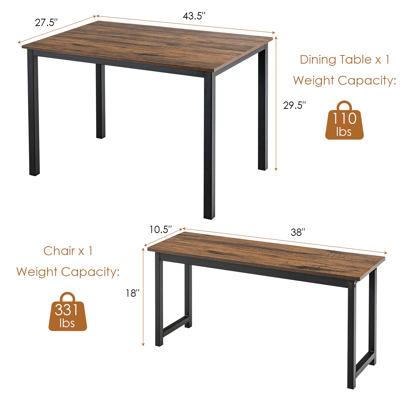 SUGIFT 3-Piece Dining Table Set with 2 Benches 210-lb Table 330-lb Benches 43-in Rectangular Top Brown/Natural