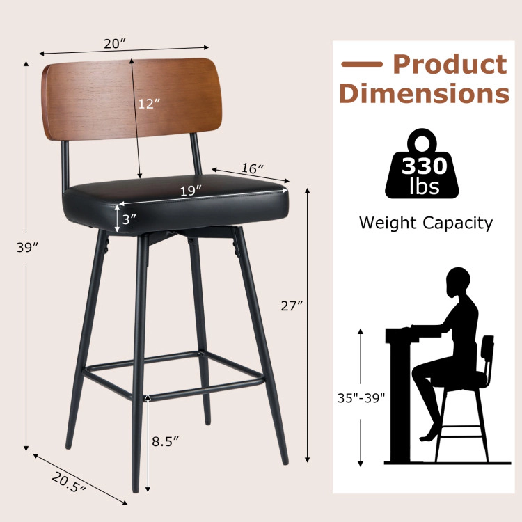 Hivvago 27 Inch Padded Counter Barstools Set Of 2 With Metal Legs