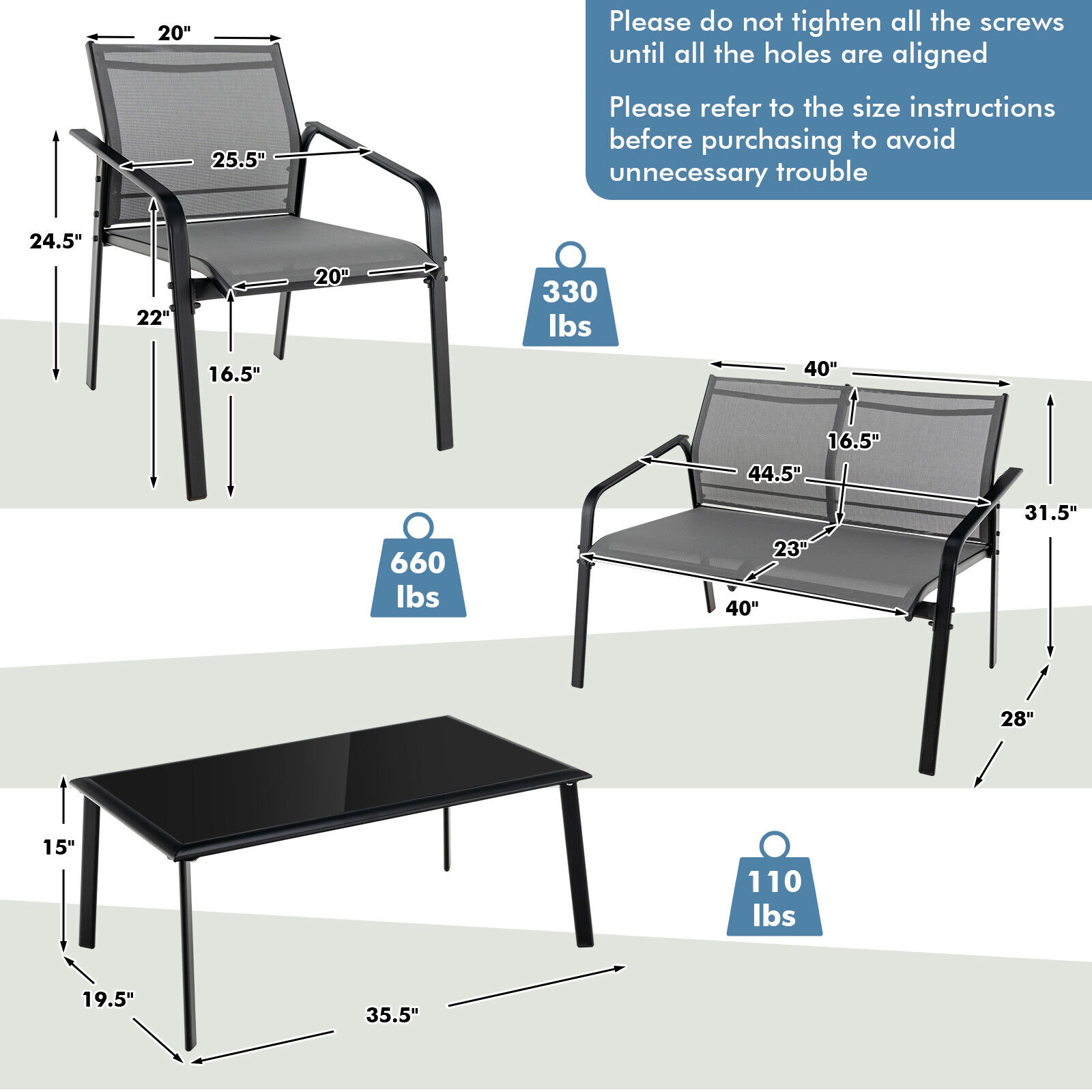 SUGIFT Gray Loveseat and Tempered Glass Table 4-Piece Patio Sling Fabric Sofa Set