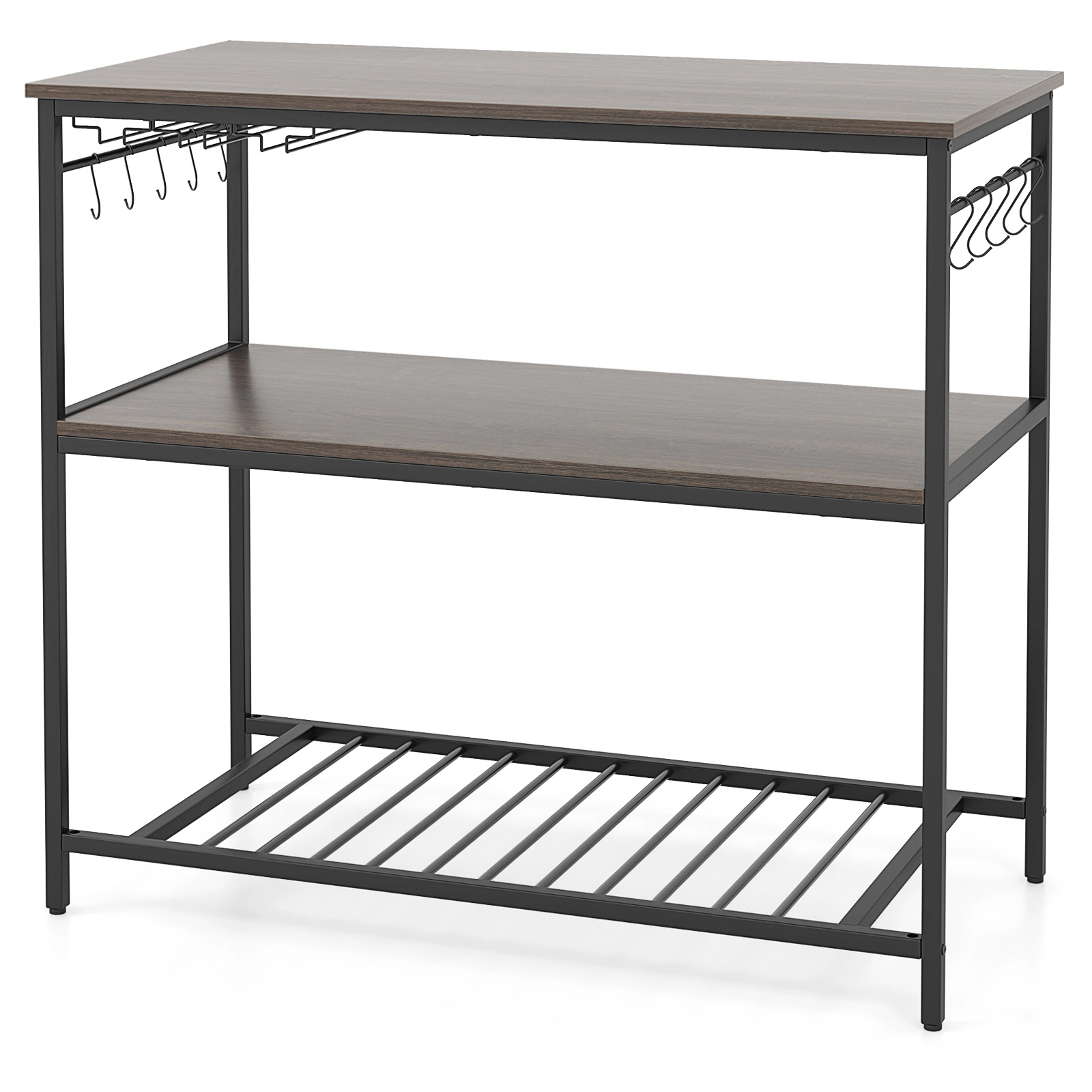 SUGIFT Kitchen Island with 3 Shelves Wine Glass Holders and 10 Hooks 165-lb Top Capacity Gray + Black