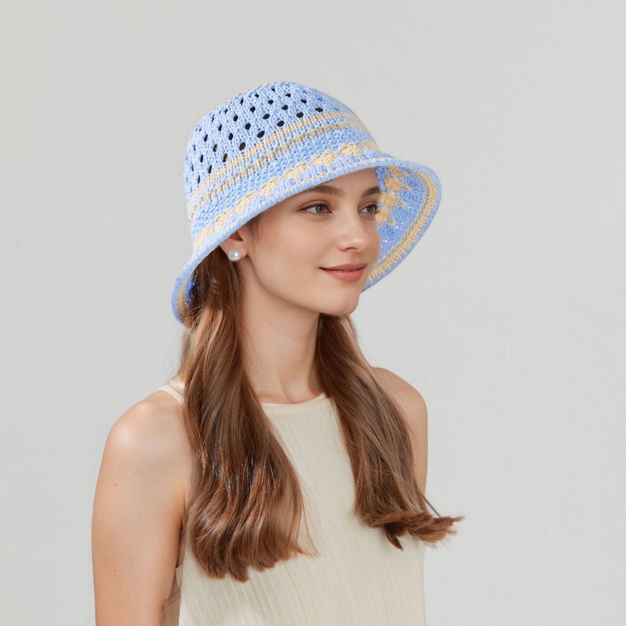 Anna-Kaci Women's Crochet Knit Bucket Hat with Openwork Floral Pattern and Rolled Brim for Lightweight Summer Style