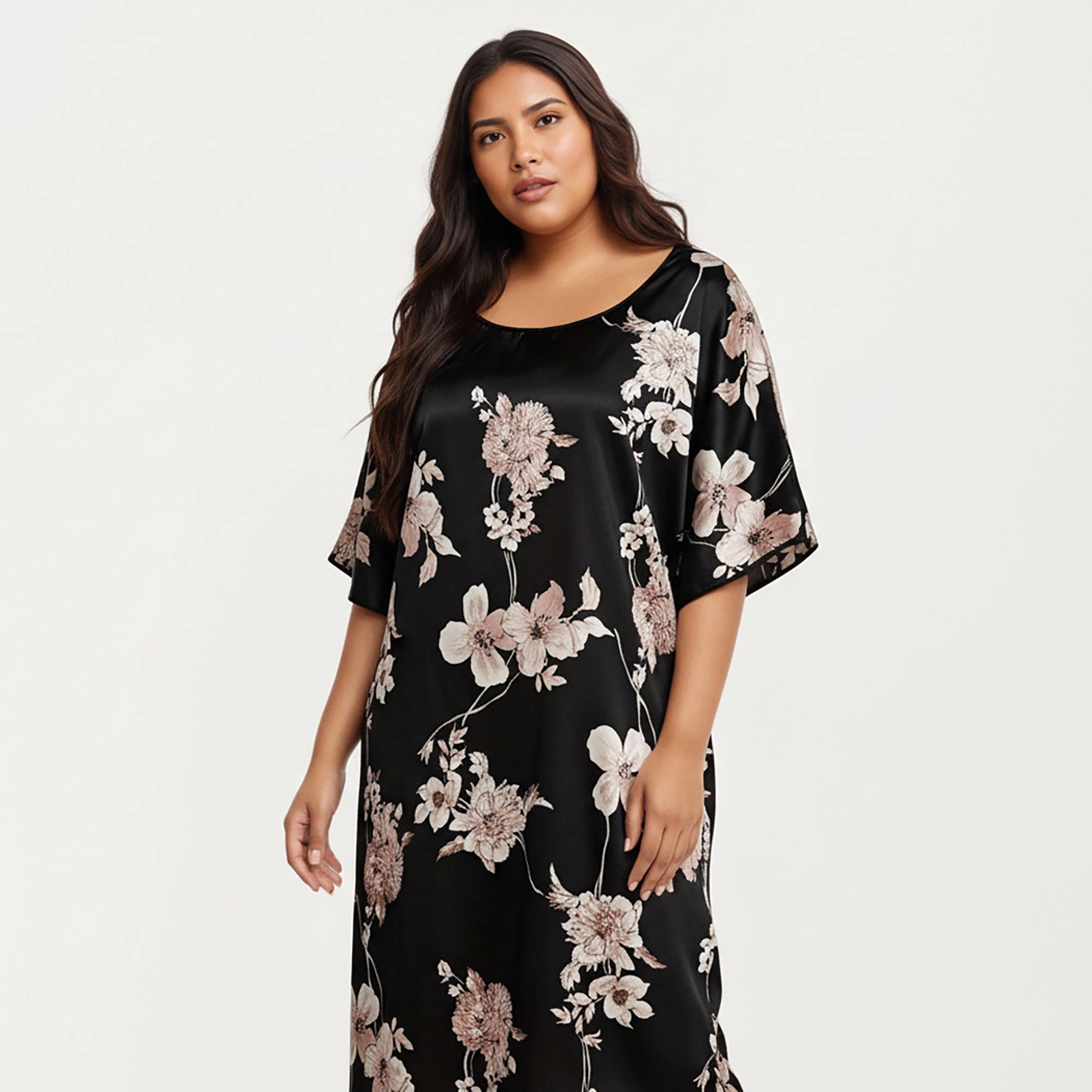 Anna-Kaci Women's Plus Satin Nightgown Allover Floral Print Relaxed Fit Scoop Neckline and Flowing Short Sleeves