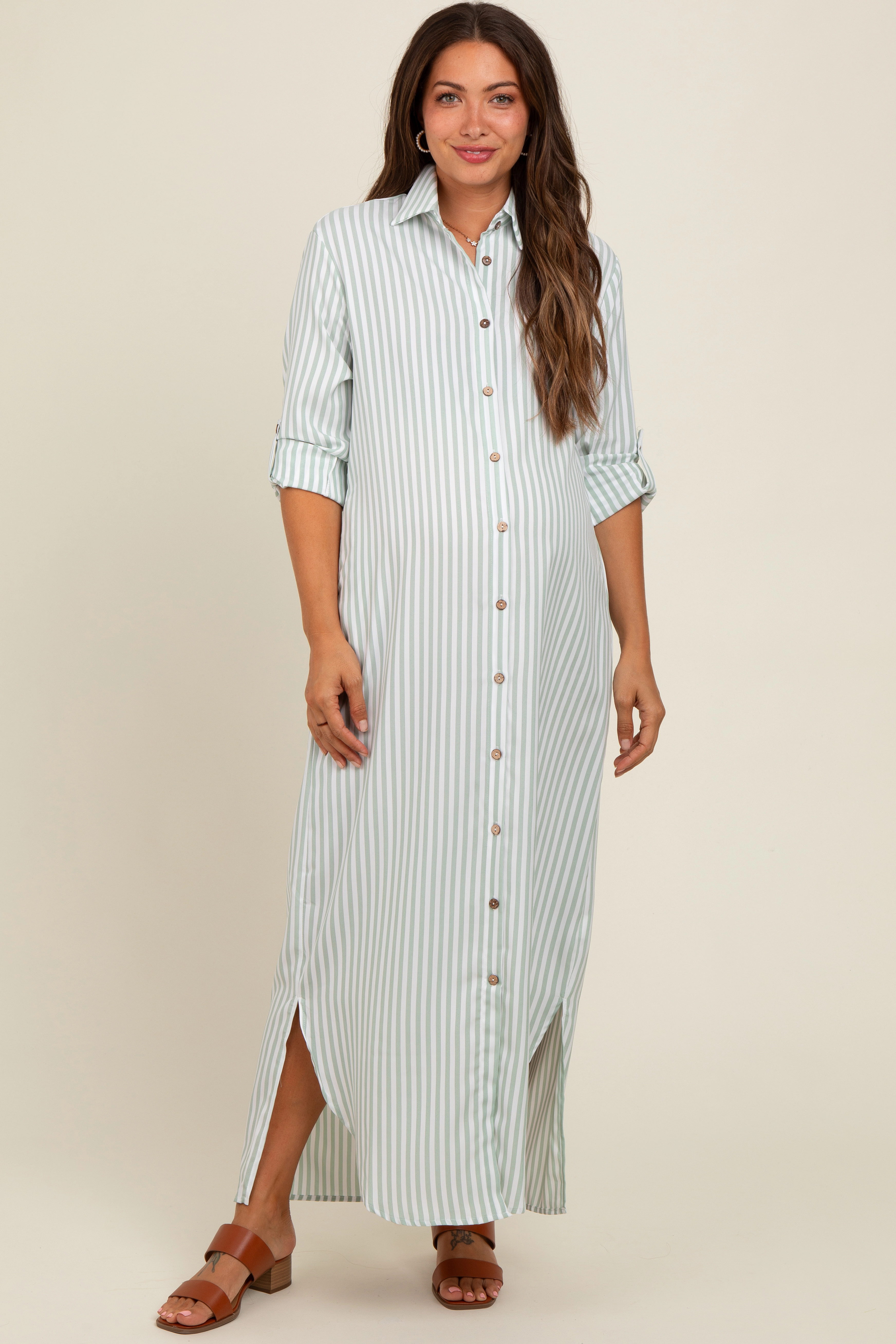 PinkBlush Womens Light Olive Striped Button Down Maternity Maxi Dress
