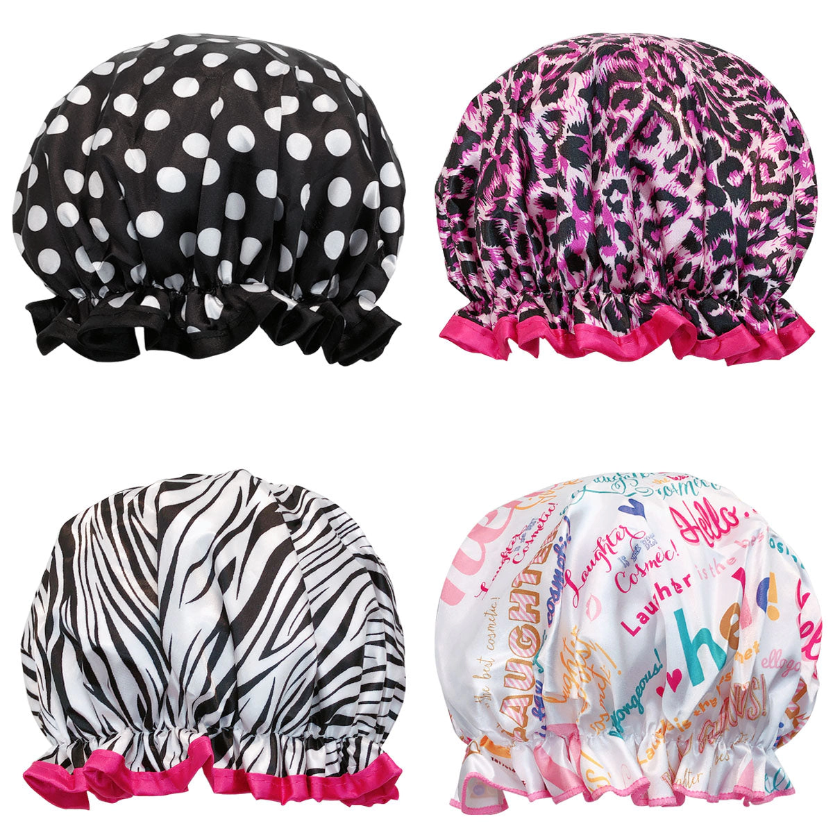Wrapables Women's Stylish Double Layer Waterproof Shower Caps (Set of 4), Animal Print & Dots