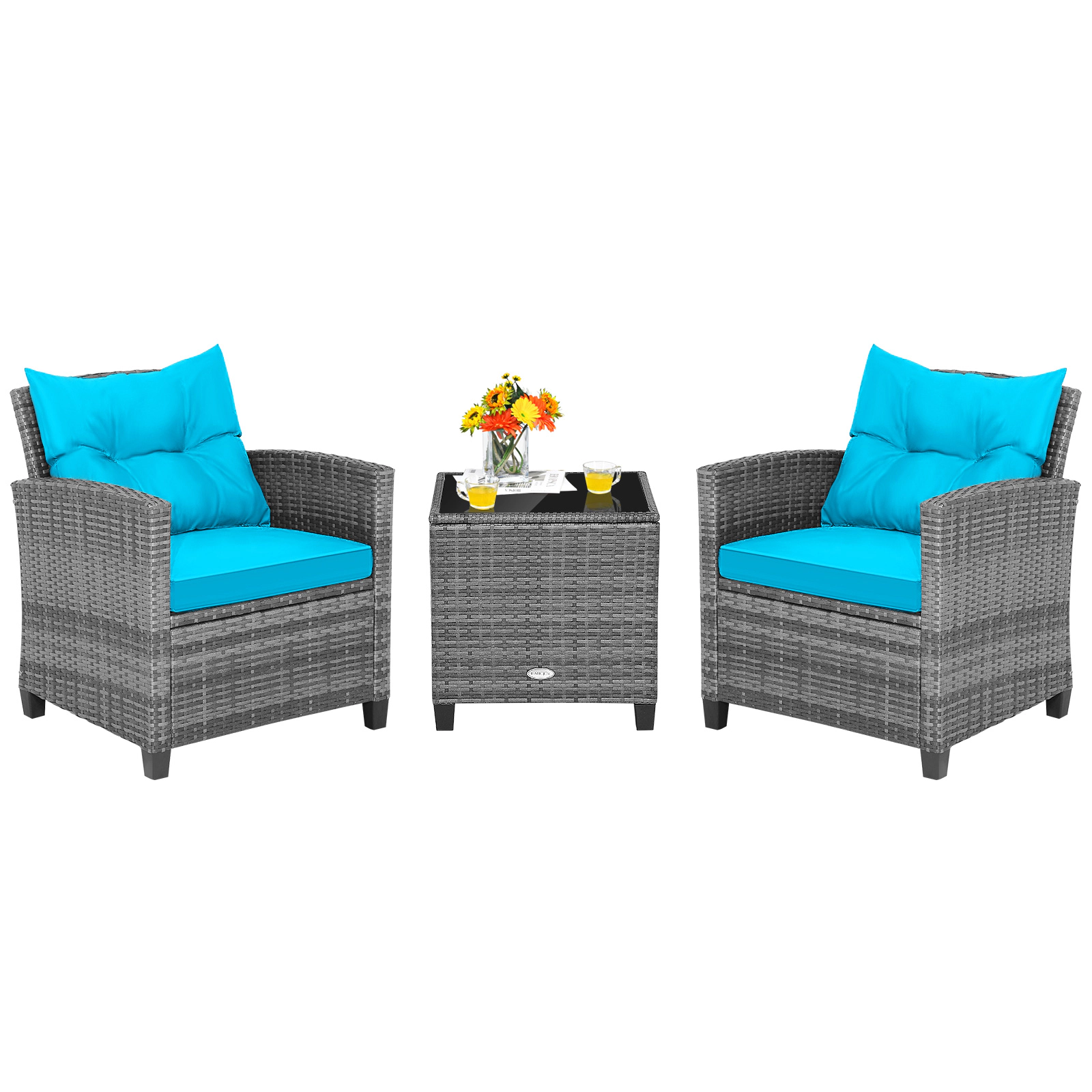 SUGIFT 3-Piece Gray Rattan Balcony Lounge Set with Cushioned Chairs and Glass Table