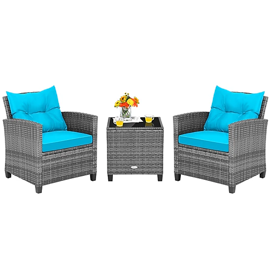 SUGIFT 3-Piece Gray Rattan Balcony Lounge Set with Cushioned Chairs and Glass Table