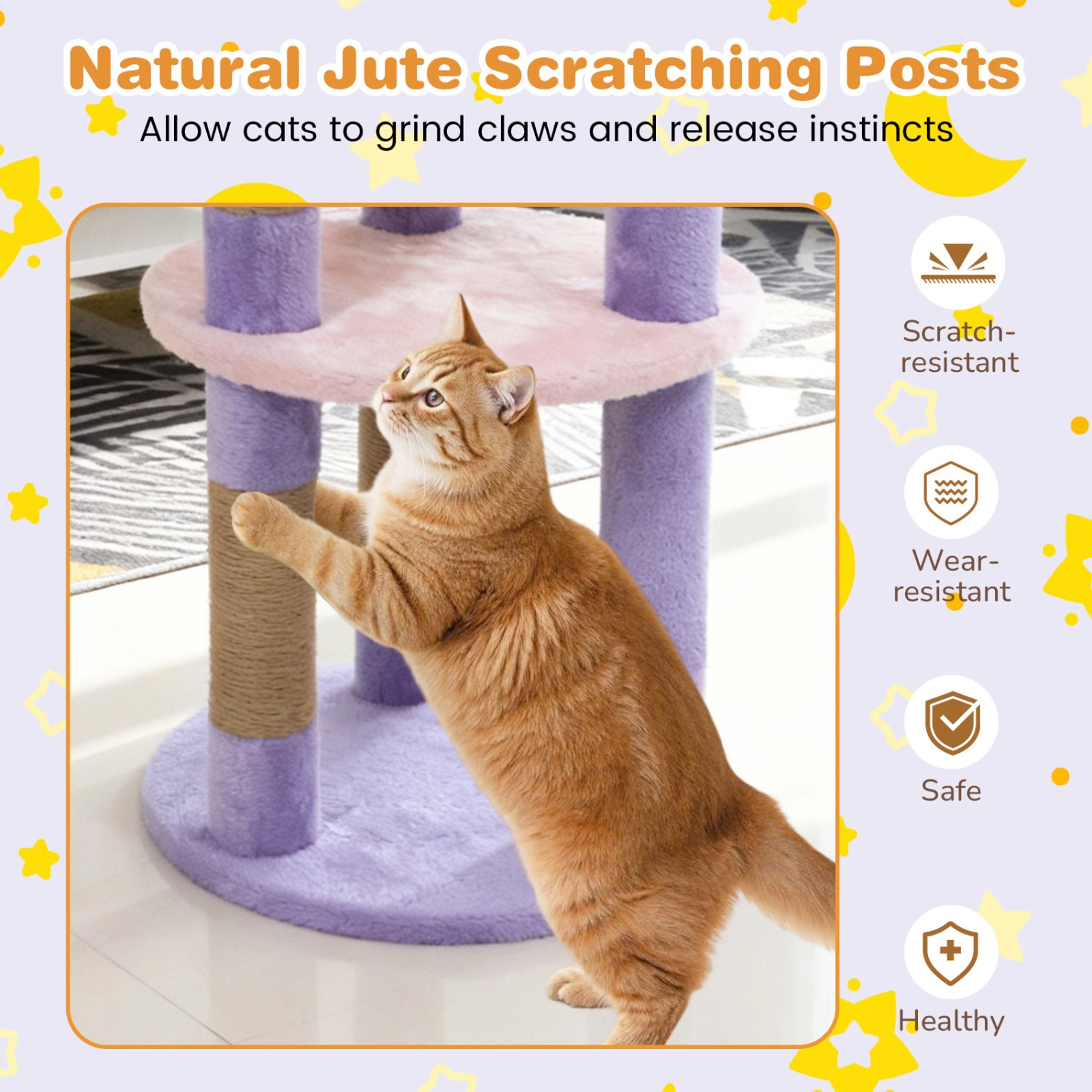 SUGIFT 29-in Modern Cat Tree with Star & Moon Shaped Platforms 11-lb Net Weight 4-Layer Climbing Tower Purple+Yellow
