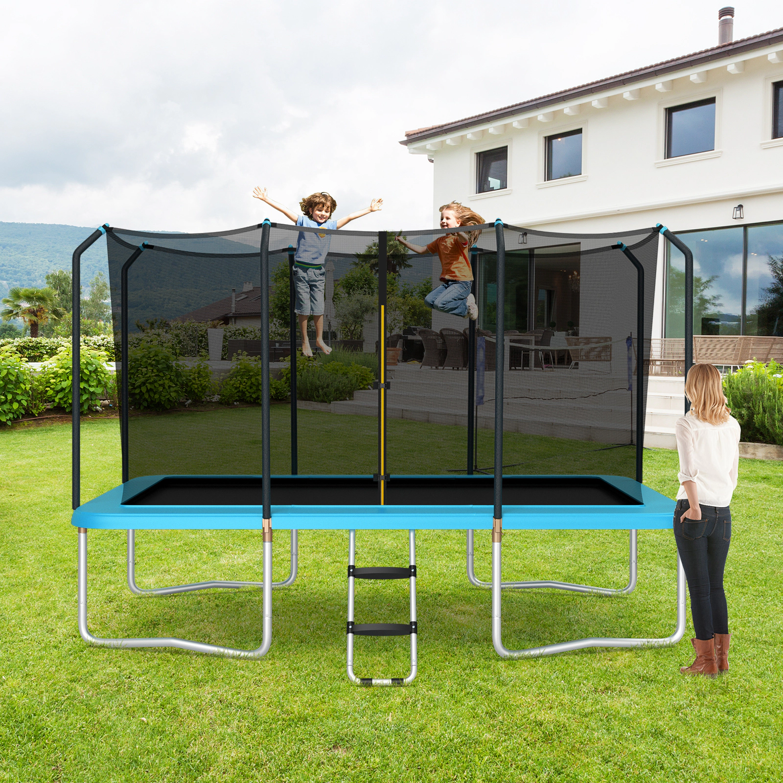 SUGIFT Safety Enclosure Net and Ladder 8 x 14 Feet Rectangular Kids Recreational Trampoline