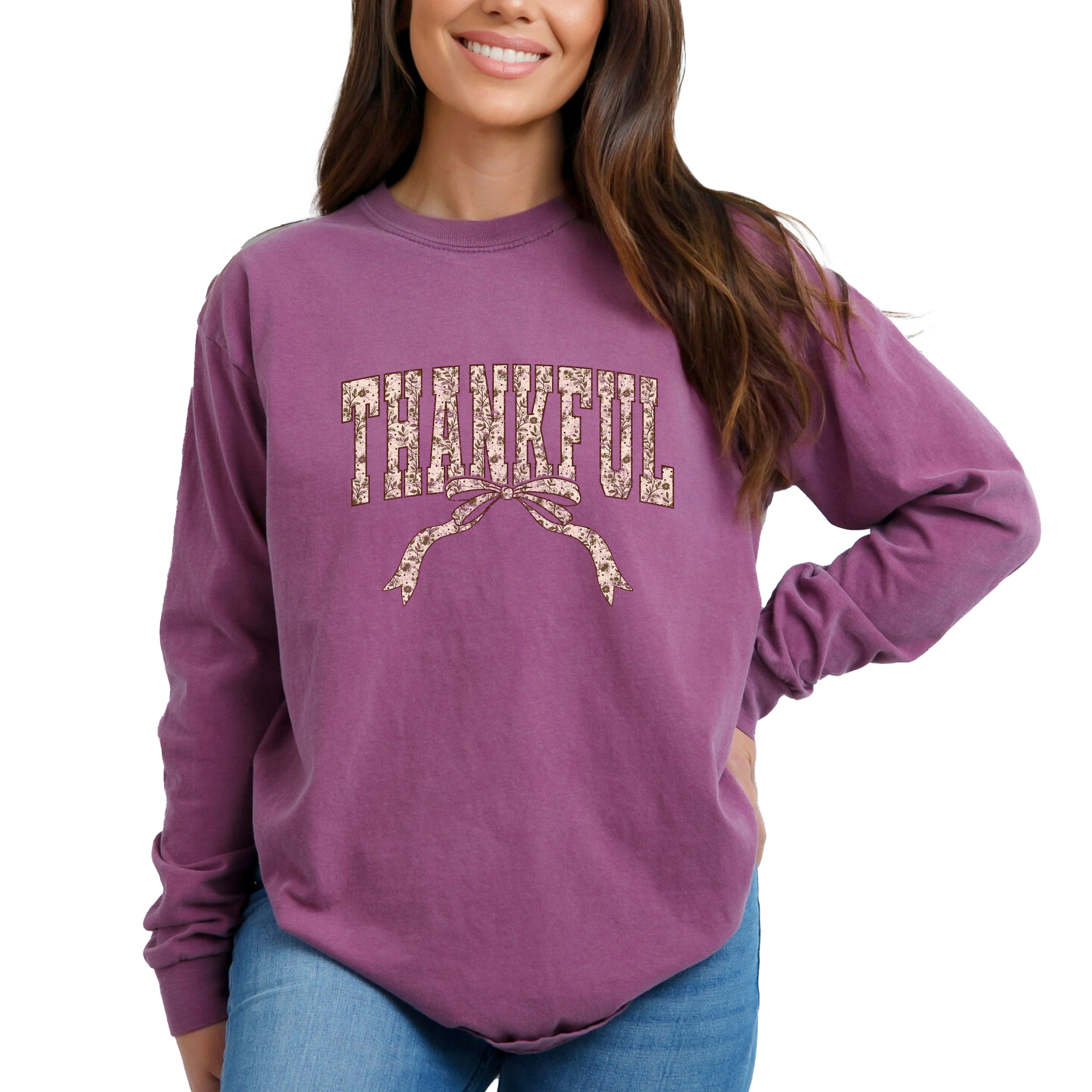 Simply Sage Market - Women's Garment Dyed Long Sleeve Graphic T-Shirt Thankful Floral Coquette