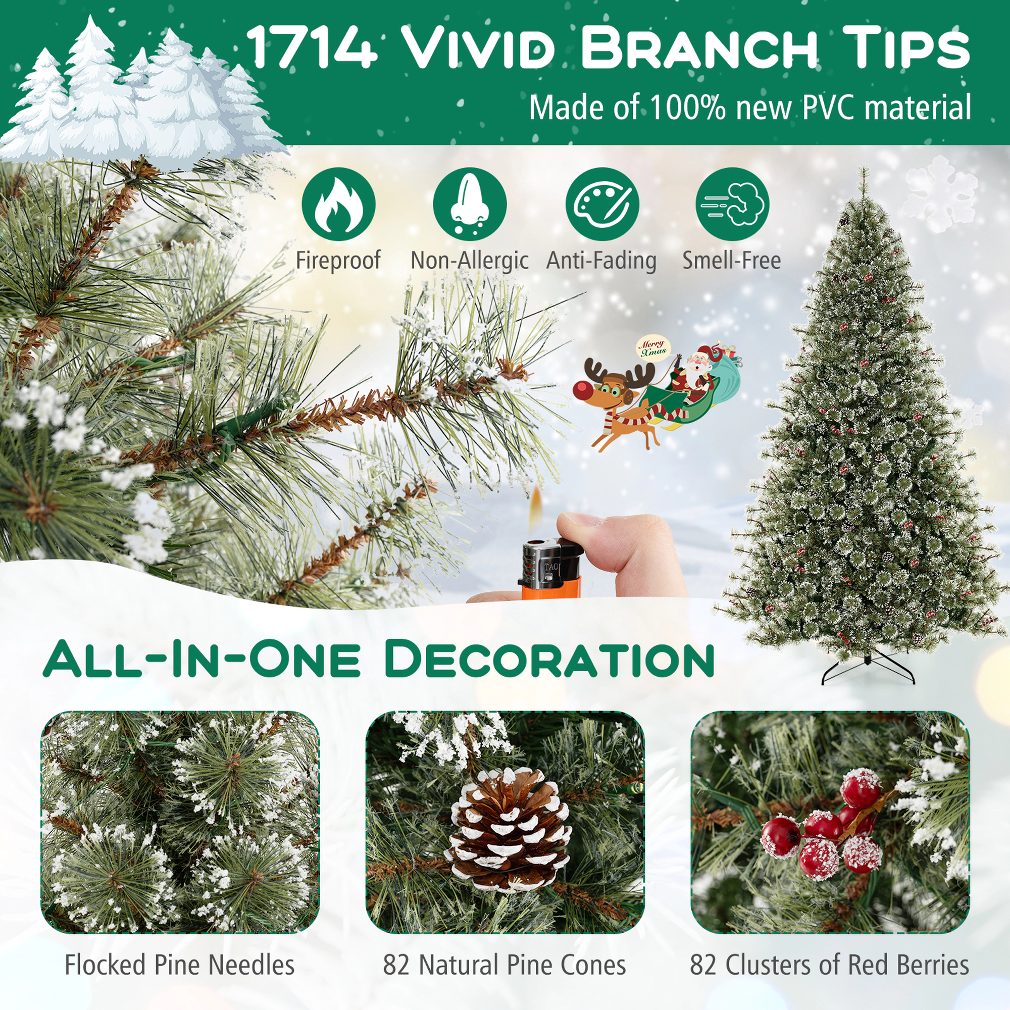 Costway 6/7.5/9 FT Artificial Christmas Tree with 360° Quick Power Connector 1086 Pine Needles