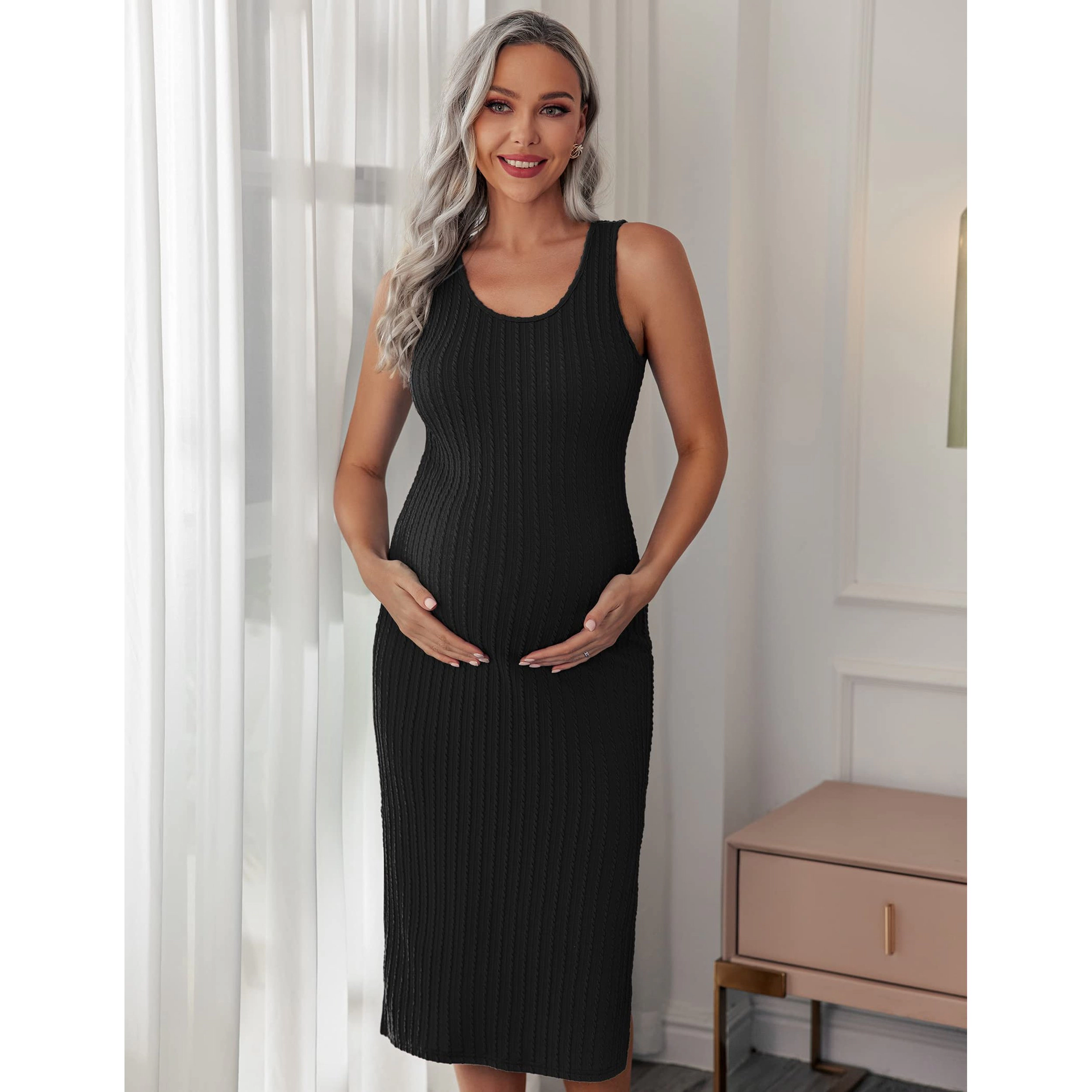 Ekouaer Women's Maternity Sleeveless Ribbed Knit Side Slit Midi Dress