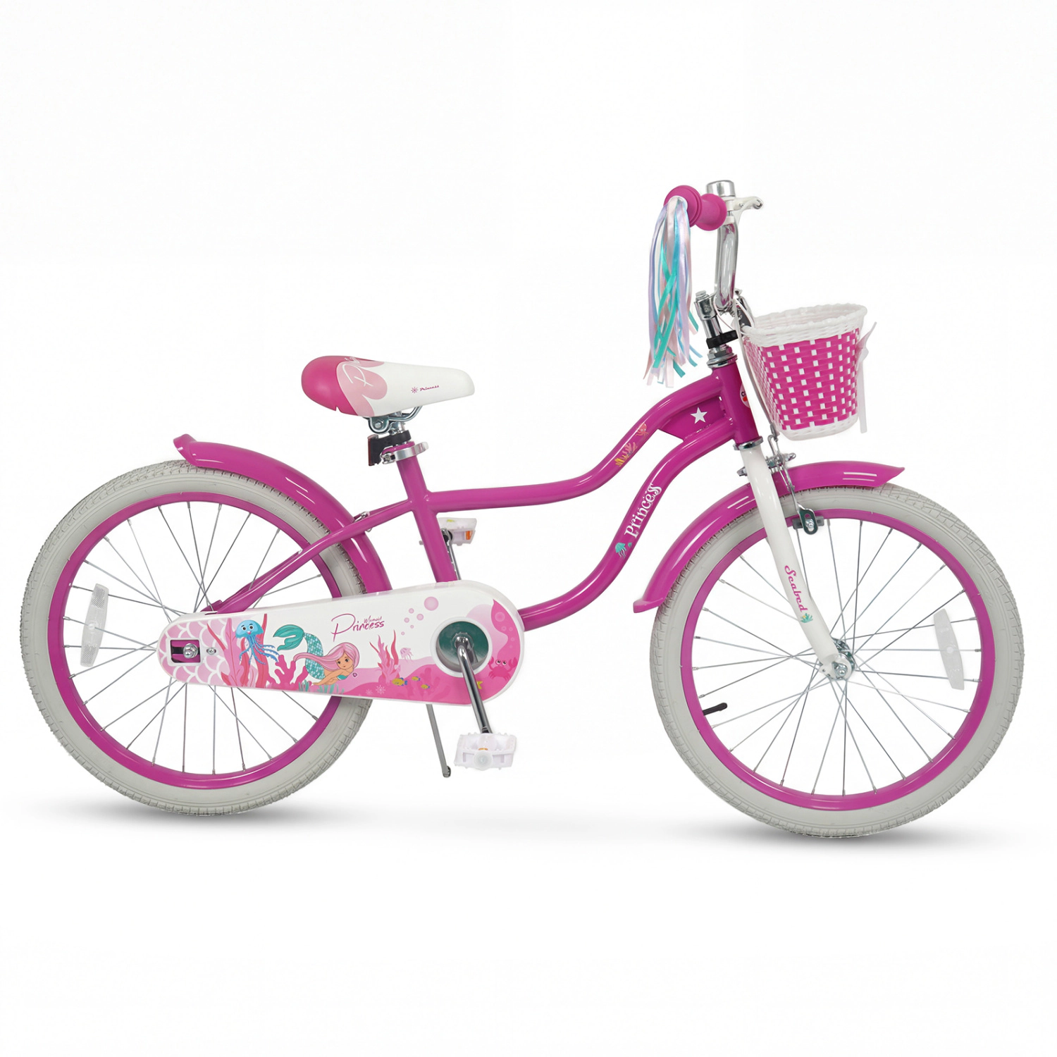 LJG Kids Bike Adjustable with Basket and Streamers Rose Red - Princess of the Sea Theme