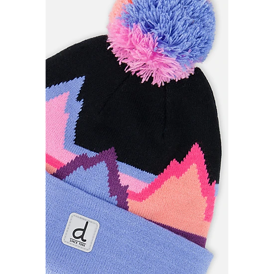 Deux par Deux Girls Winter Knit Hat with Pompom and Printed Mountains