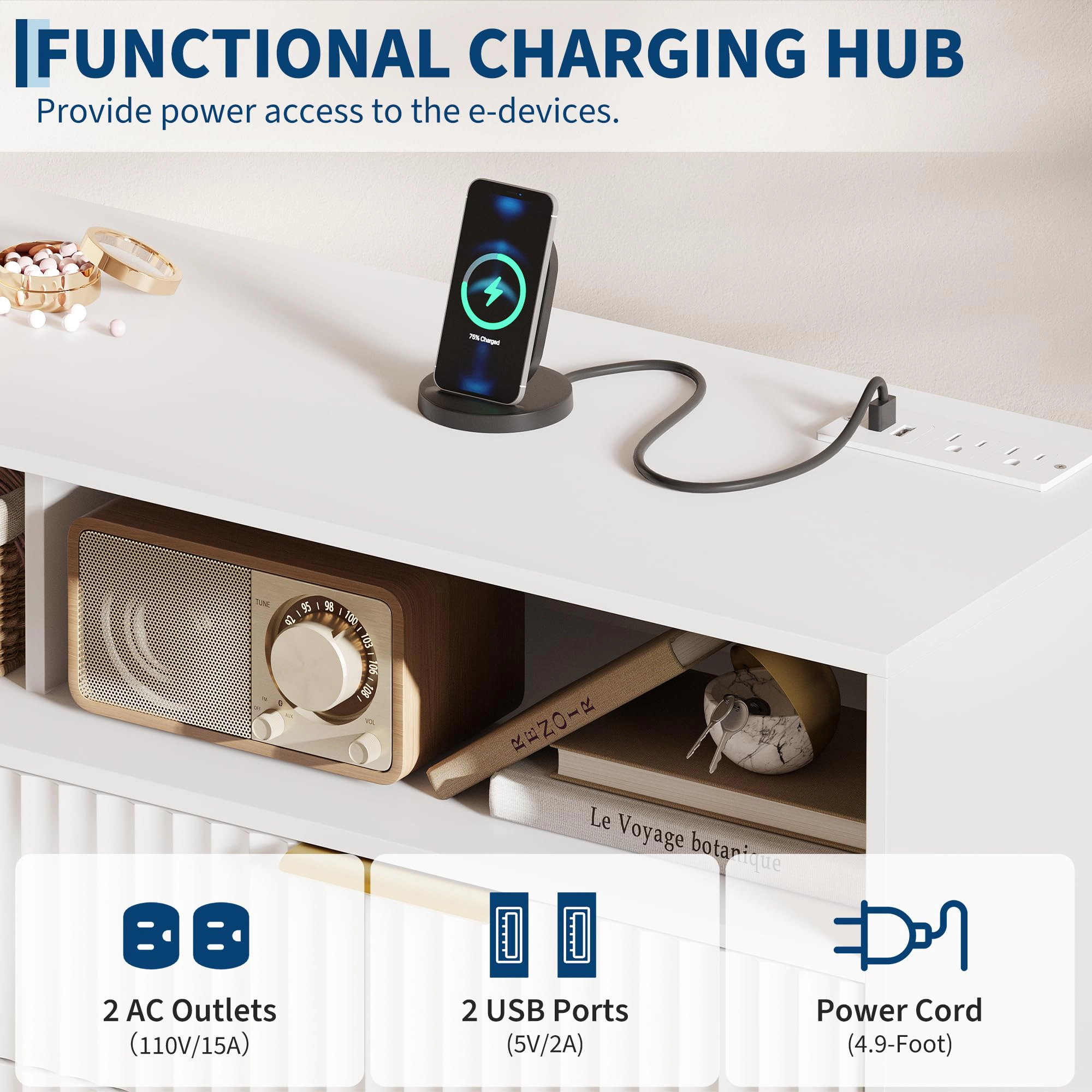 Drawer Fluted Dresser with Charging Station and RGB LED Lights
