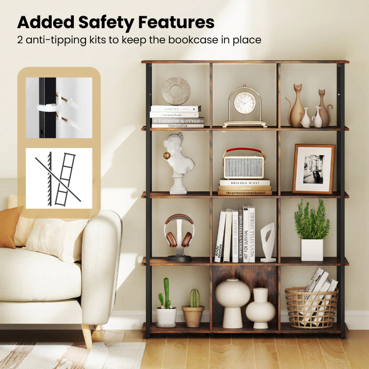 Hivvago 12-Cube Bookcase with 2 Anti-tipping Kits for Living Room-Rustic Brown