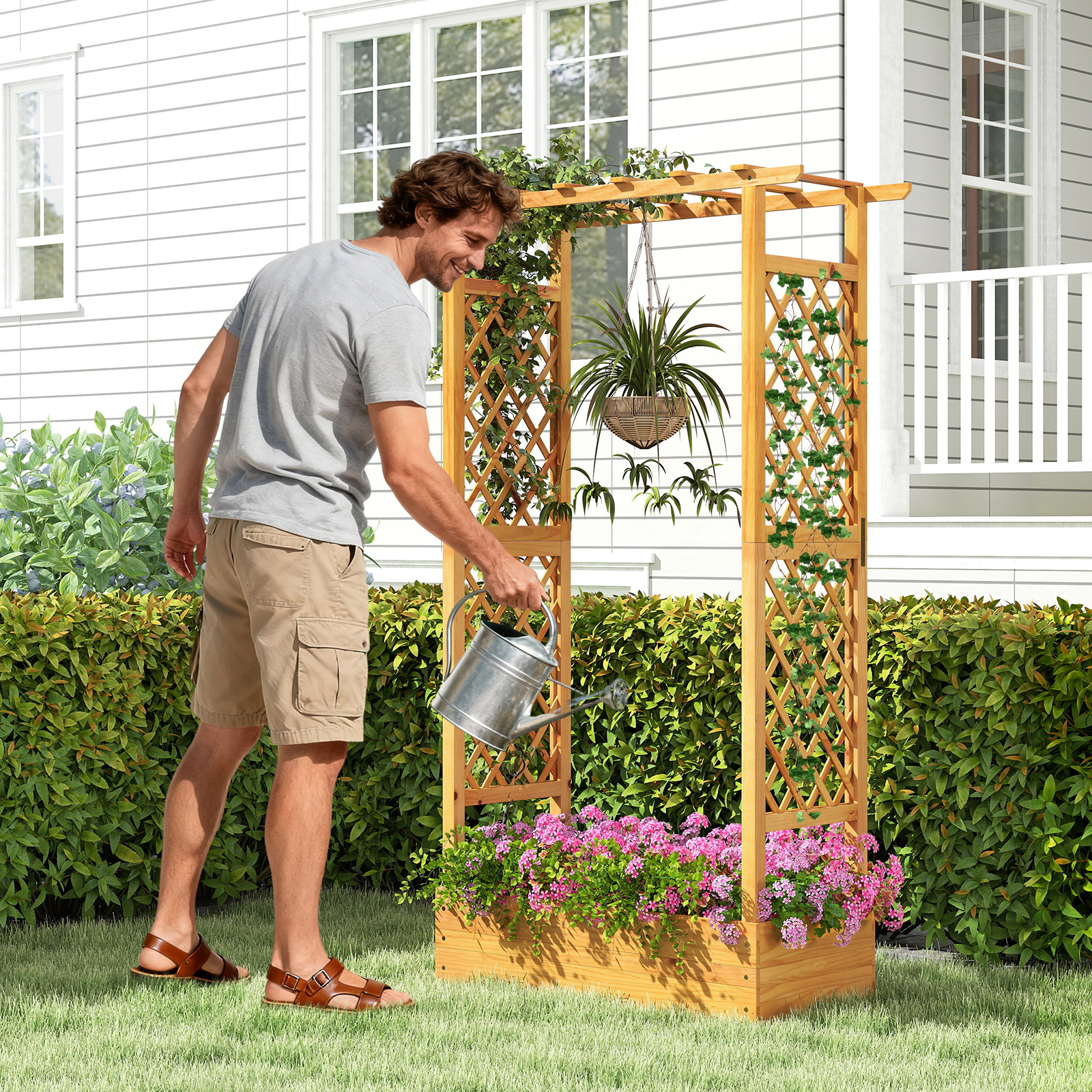 SUGIFT Natural 70-in Tall Pine Wood Raised Garden Bed with Flat Roof and 2 Side Trellises 43-in W 16.5-in D