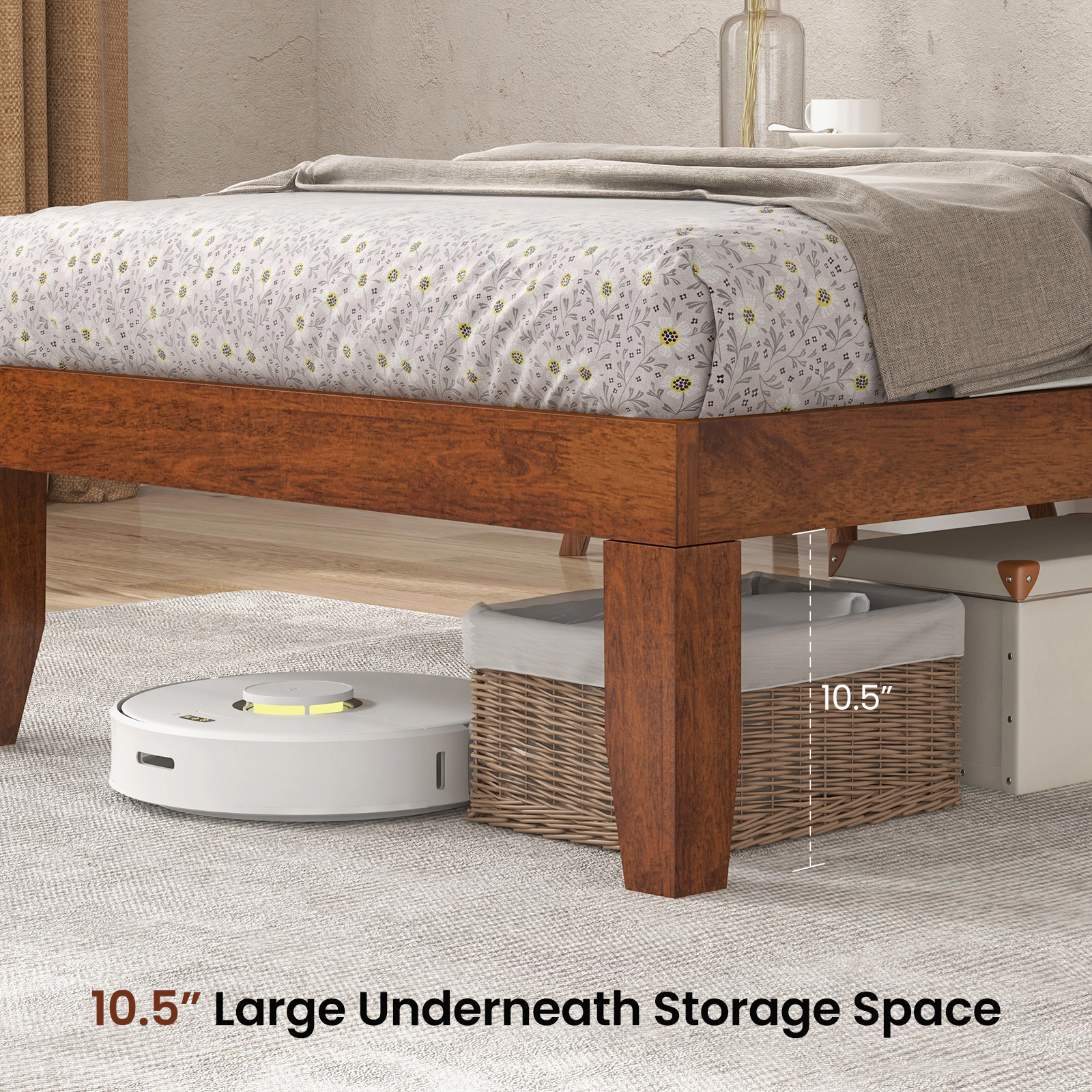 SUGIFT 14-In Twin Rubber Wood Platform Bed Frame Slat Support 250-Lb Capacity 10.5-In Under-Bed Storage Walnut Finish