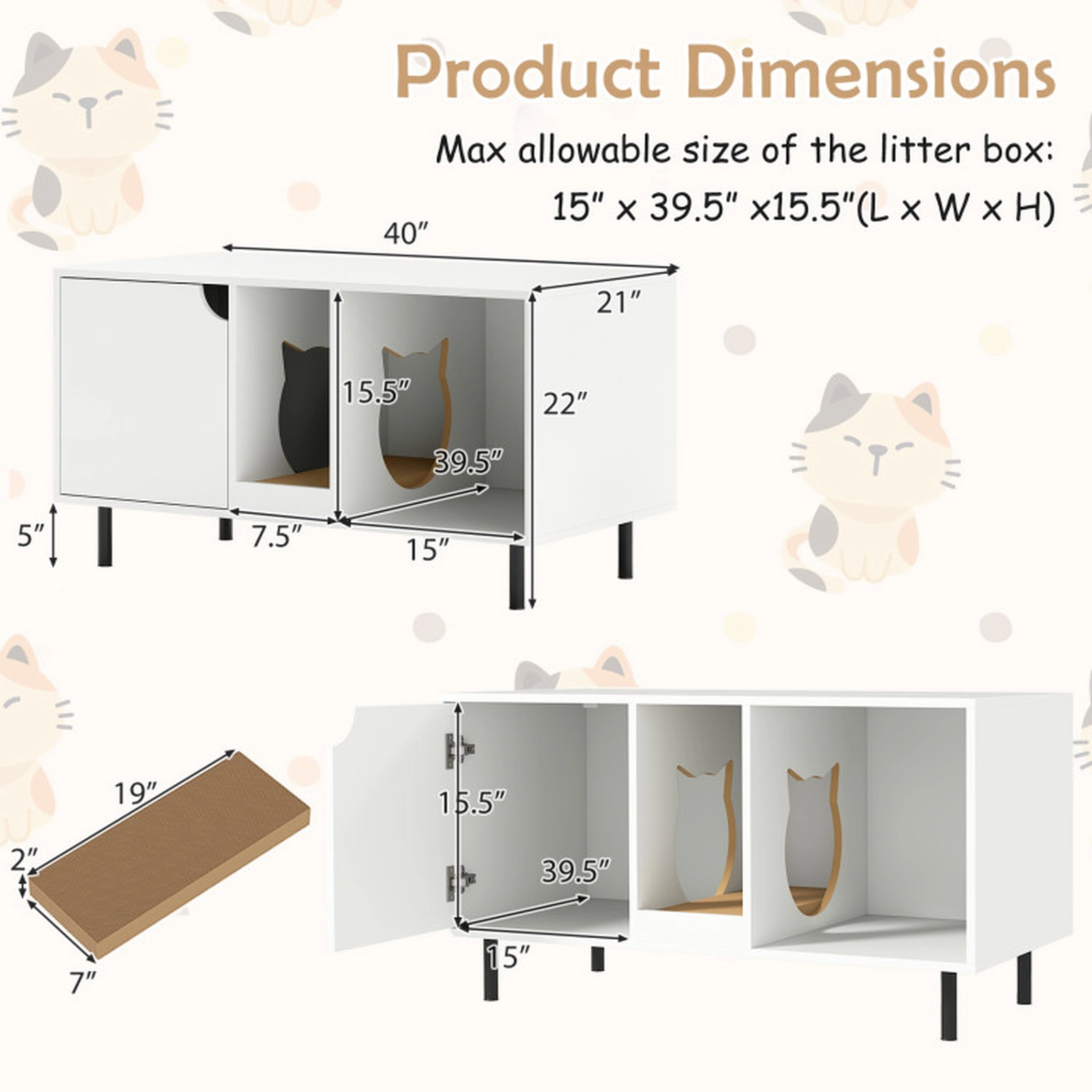 SUGIFT 40 x 22-in White Large 2-Cat Hidden Cat Washroom Litter Box Cabinet with Winding Entry and Open Bay