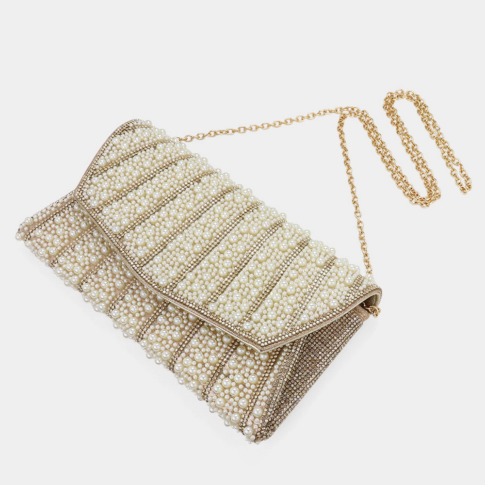 FASHNZFAB Pearl Stone Bling Embellished Flap Evening Clutch Bag