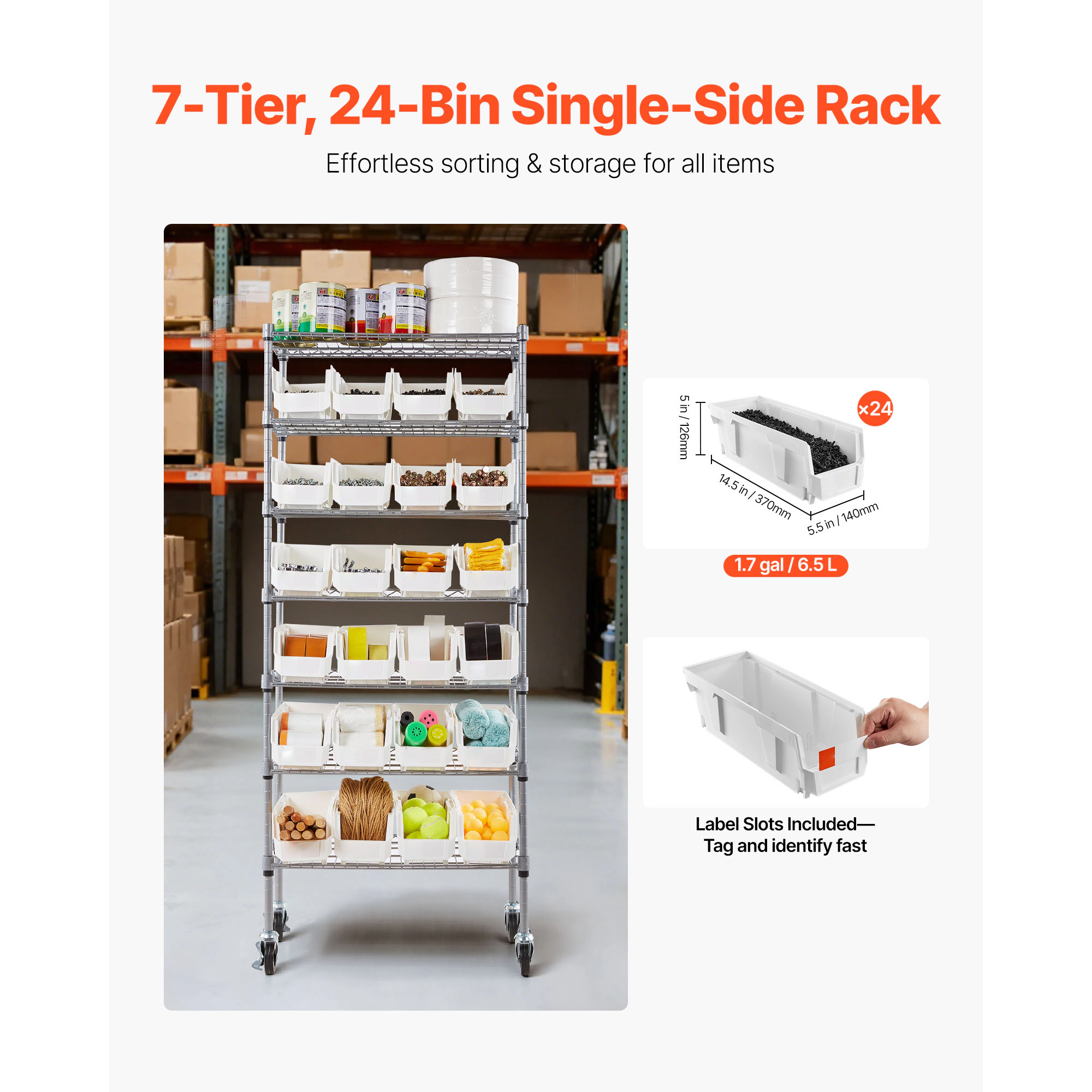 HONGGE Double-Sided Rolling Bin Storage Rack Plastic Bins Dual-Sided Parts Organizer with Wheels Mobile Tool Organizer