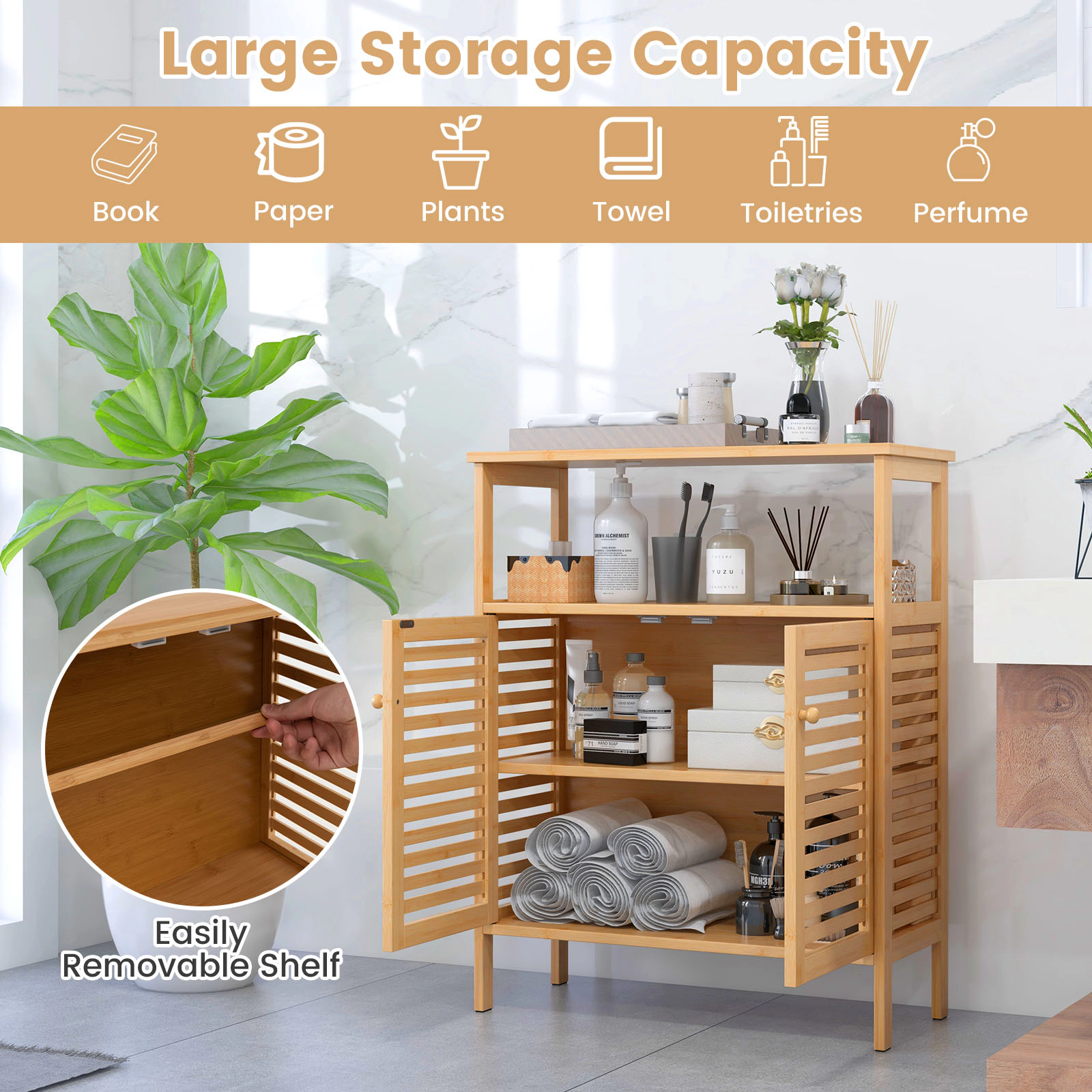 Slickblue Bathroom Storage Cabinet Wicker MDF Open Shelves 2-Door Entryway Laundry