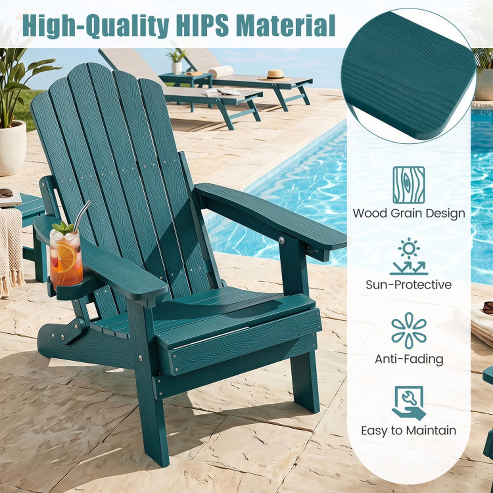 SUGIFT Set of 2 Outdoor Adirondack Chairs with 5-Level Backrest and Swivel Cup Holder 330-Lb Capacity Green HIPS Frame