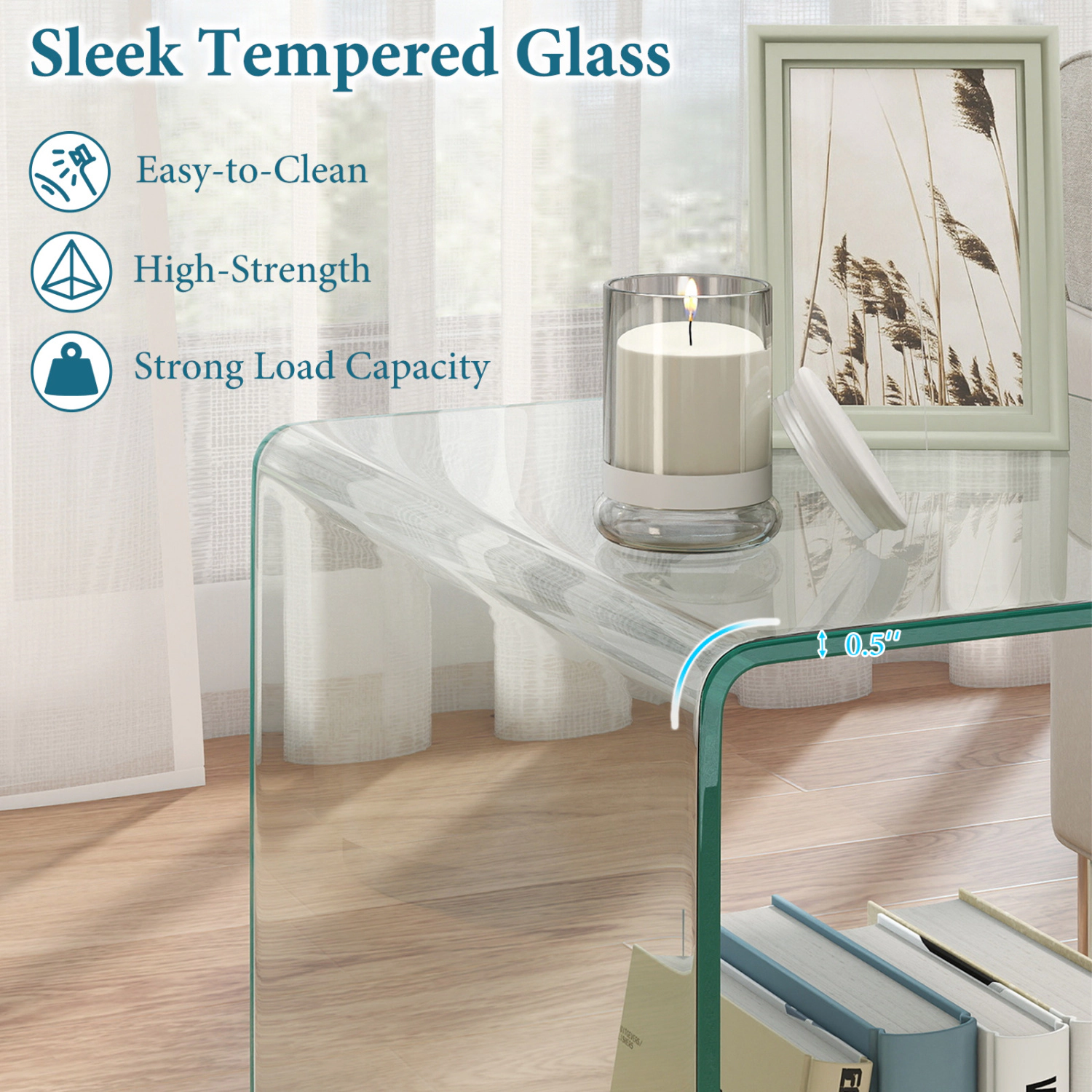Glintex C-Shaped Tempered Glass Side Table with Detachable Swivel Locking Wheels